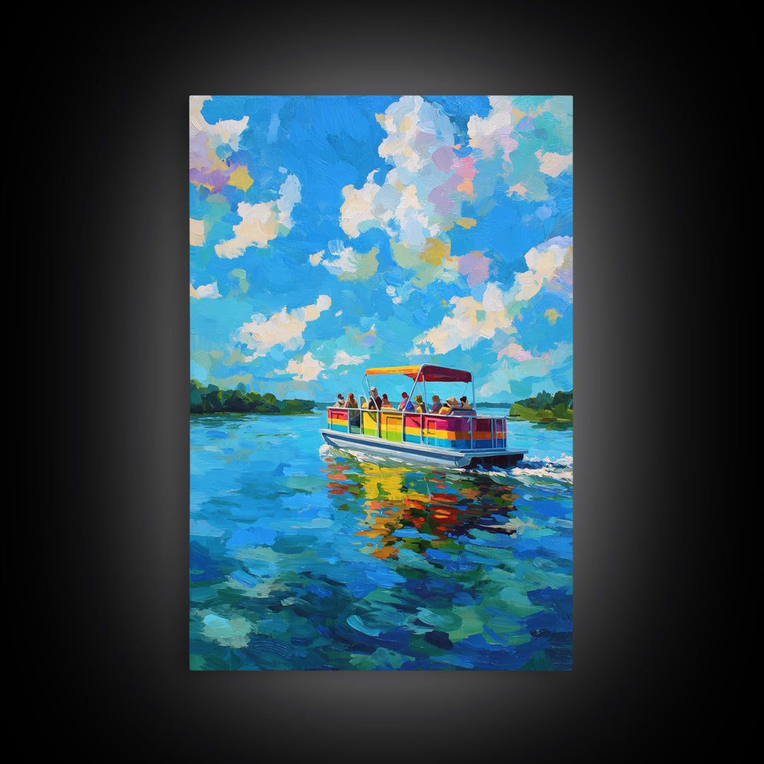 Vibrant Colorful Boat On Lake Under Blue Sky Bright Contemporary Painting Wall Art Framed Canvas Print