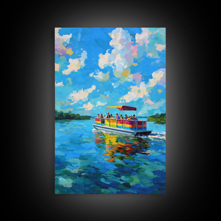 Vibrant Colorful Boat On Lake Under Blue Sky Bright Contemporary Painting Wall Art Framed Canvas Print