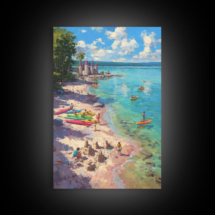 Impressionist Coastal Village Landscape Painting With Water And Boats Traditional Wall Art Large Framed Canvas Print