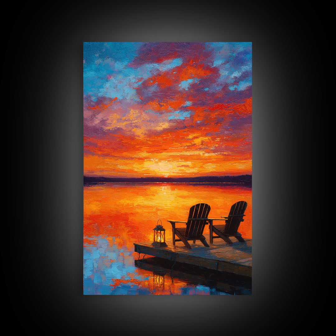 Warm Vibrant Sunset Lake Dock Scene Oil Painting Canvas Print Large Wall Art For Cozy Home Decor Living Room