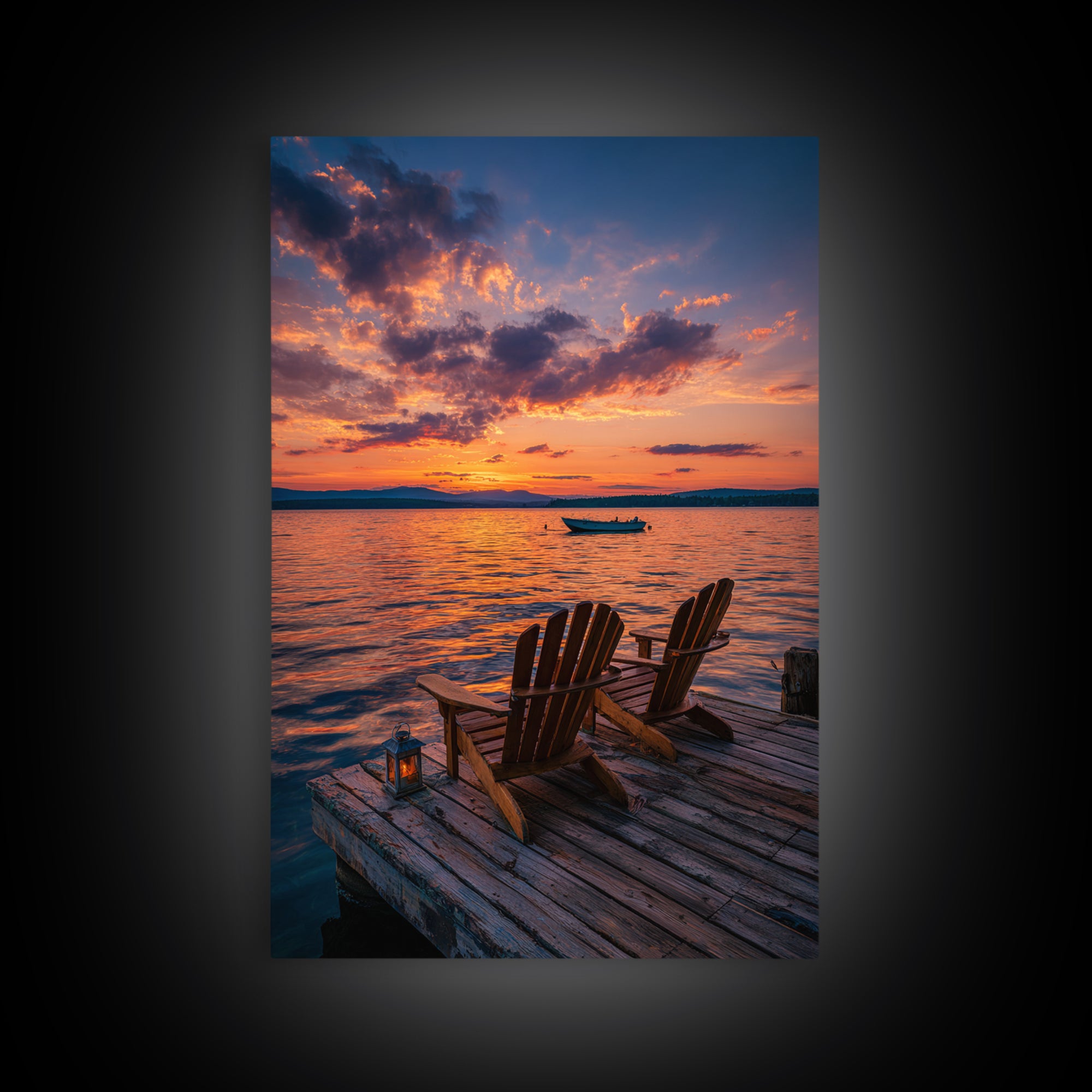 Serene Sunset Over Lake With Adirondack Chairs On Dock Classic Landscape Wall Art Canvas Print