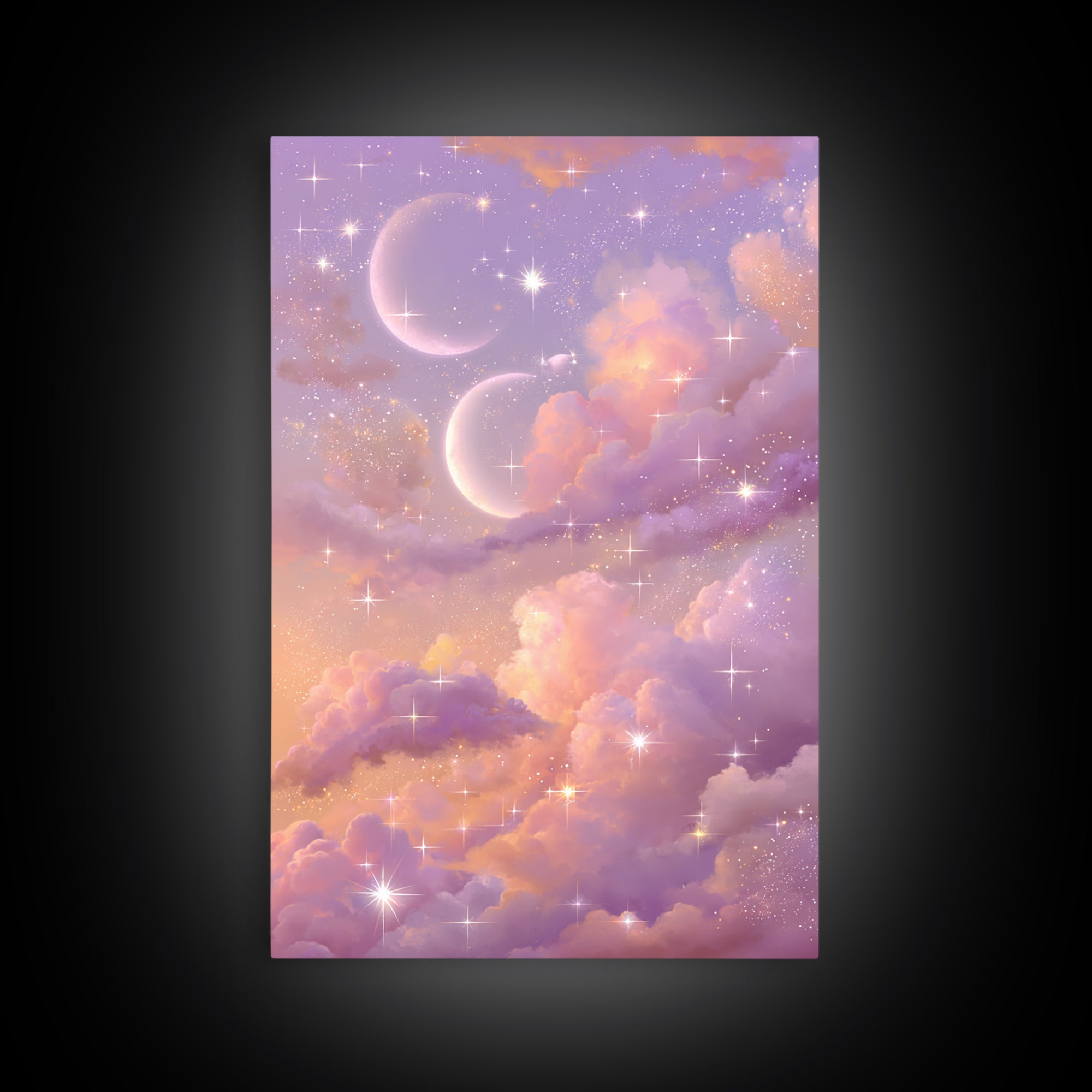 Pastel Moon And Star Cloud Canvas Print, Celestial Wall Art, Dreamy Nursery Decor, Whimsical Bedroom Decor, Gift For Her