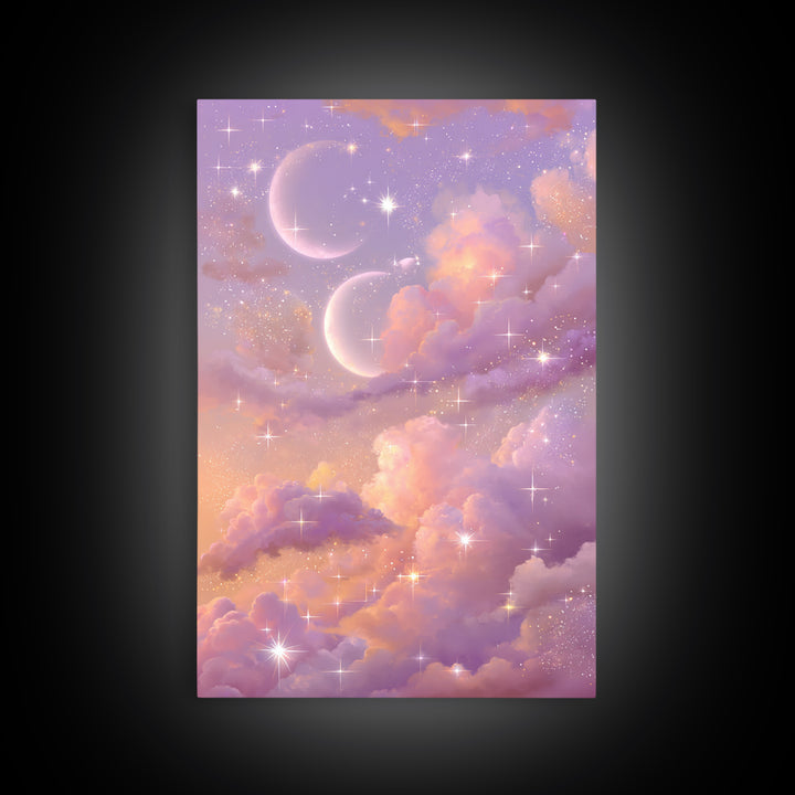 Pastel Moon And Star Cloud Canvas Print, Celestial Wall Art, Dreamy Nursery Decor, Whimsical Bedroom Decor, Gift For Her