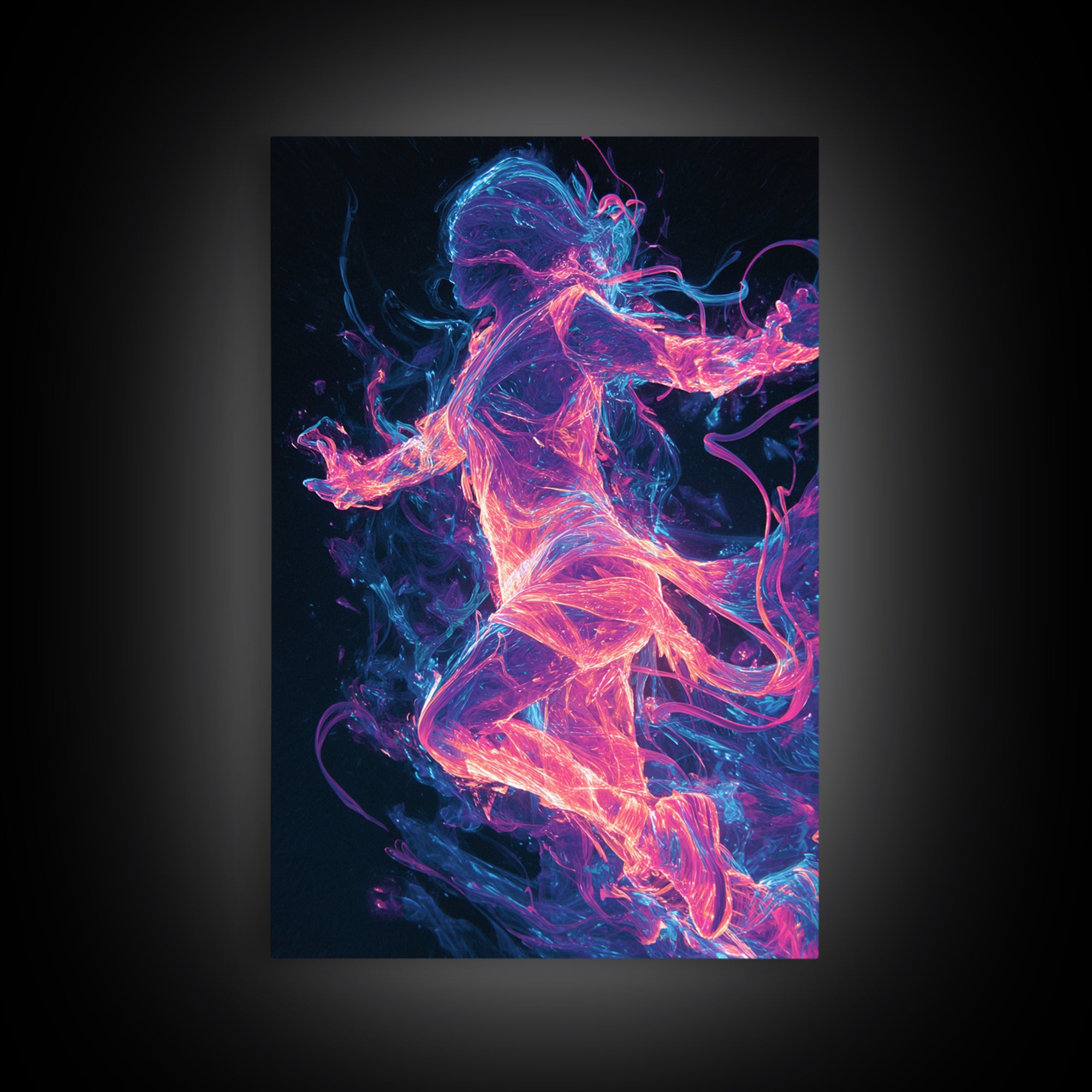 Neon Energy Dancer Framed Canvas Print, Abstract Figurative Art, Cyberpunk Decor, Vibrant Wall Art, Gift For Her, Modern Living Room Decor
