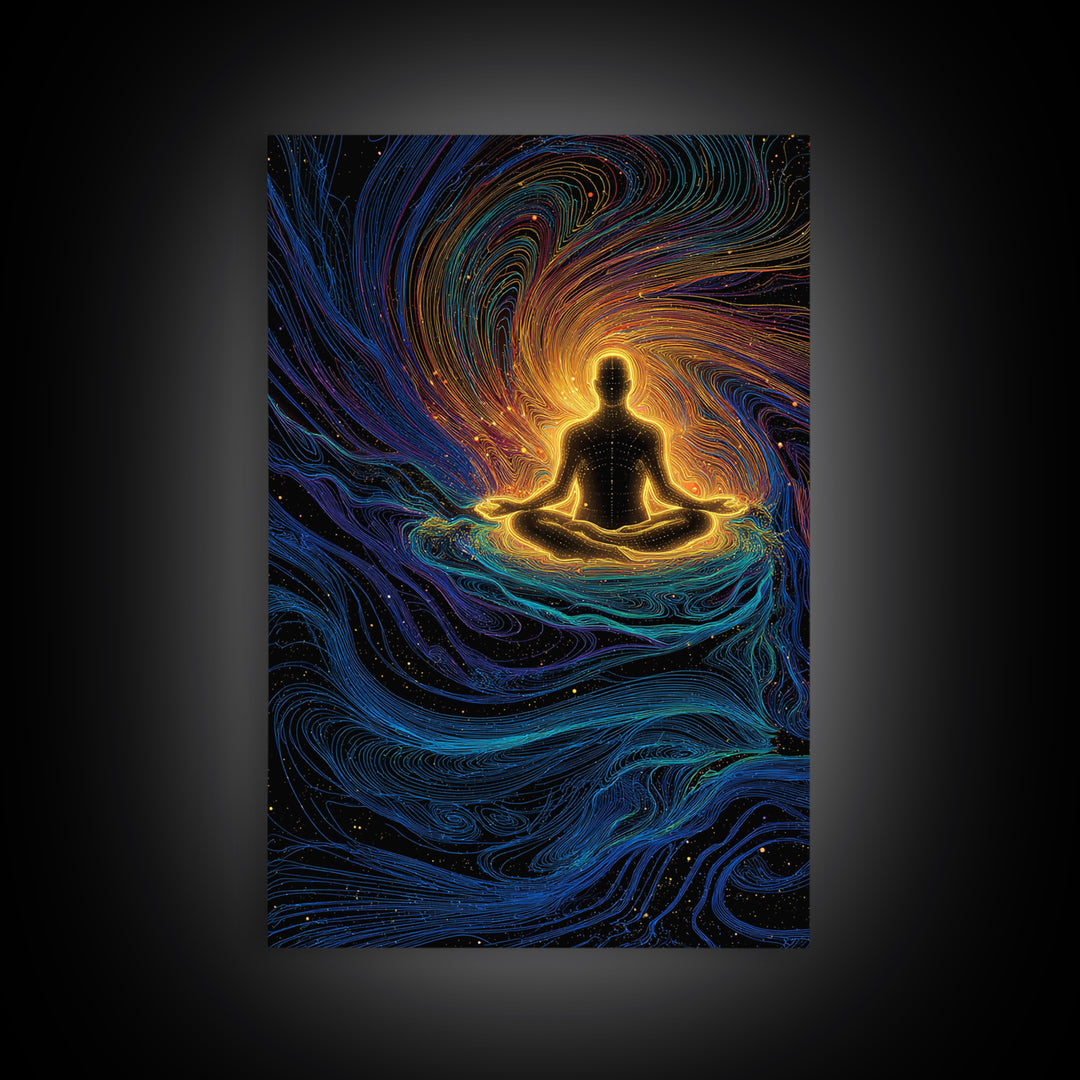 Glowing Meditation Figure Canvas Print, Spiritual Energy Wall Art, Psychedelic Zen Decor, Celestial Yoga Room Gift Decor