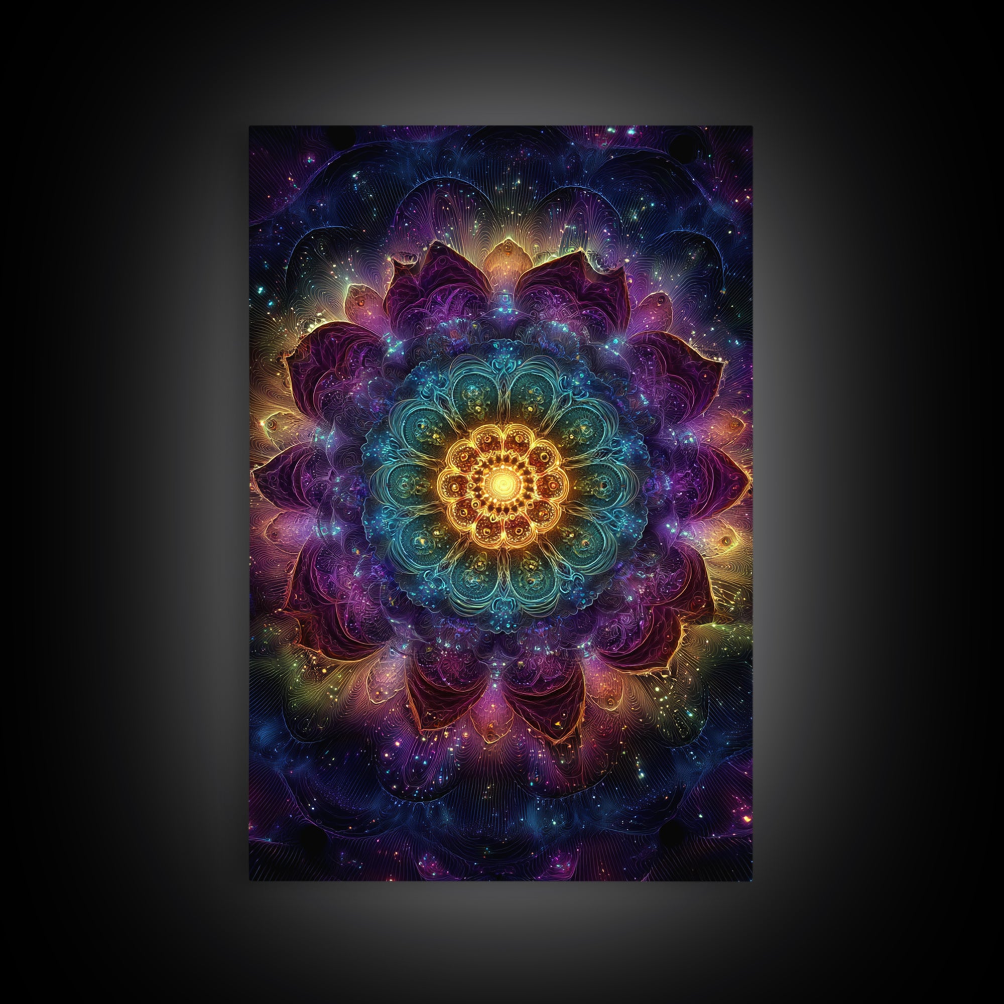 Vibrant Mandala Abstract Wall Art With Glittering Lights Framed Canvas Print For Modern Home Decor