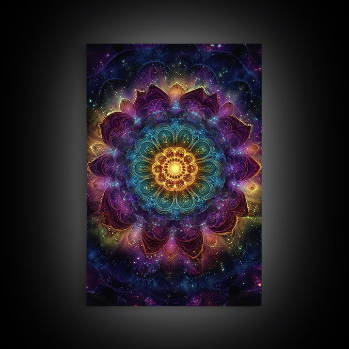 Vibrant Mandala Abstract Wall Art With Glittering Lights Framed Canvas Print For Modern Home Decor