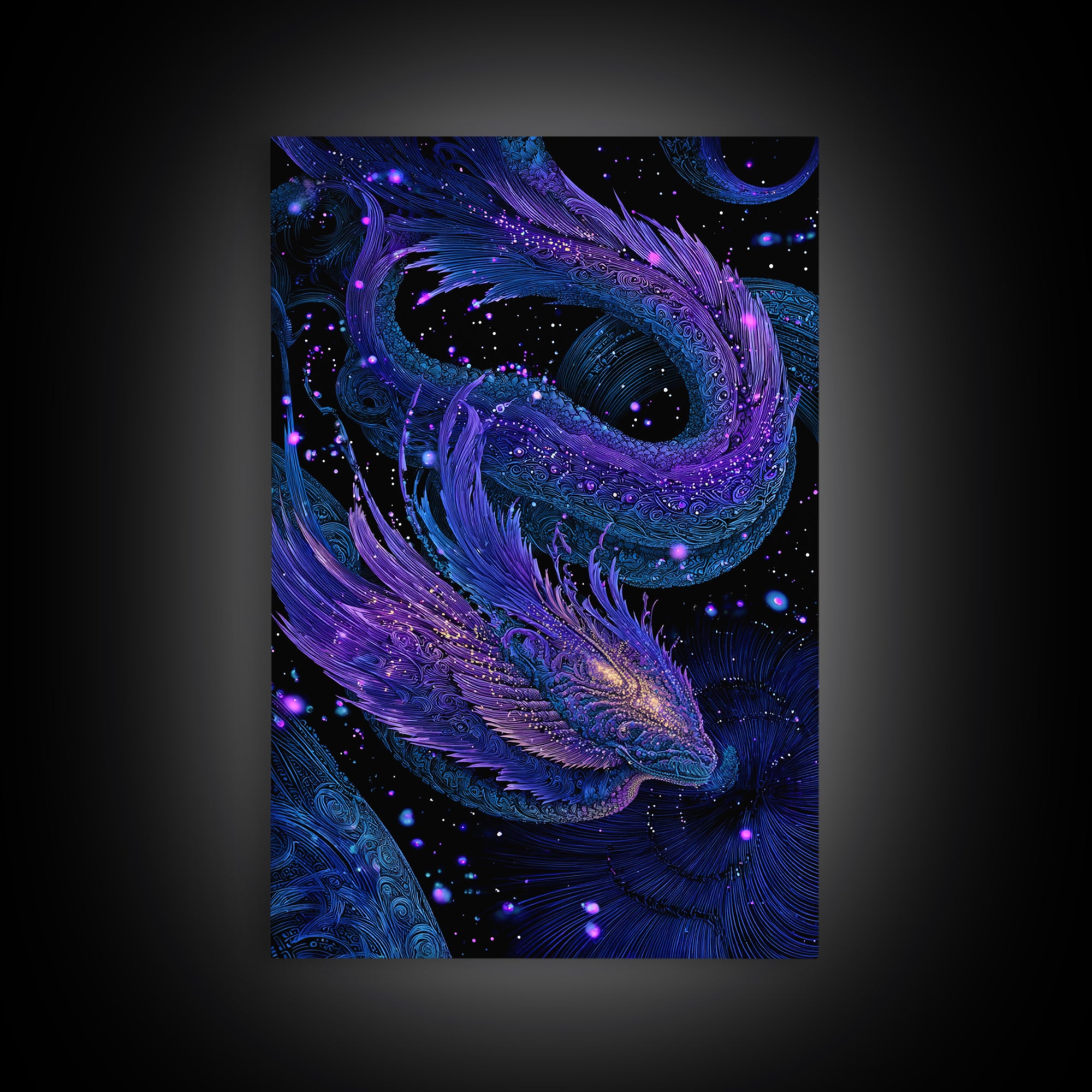 Celestial Twin Dragon Canvas Print, Purple Blue Fantasy Art, Mythical Space Wall Decor For Gamer Room And Unique Gift Idea