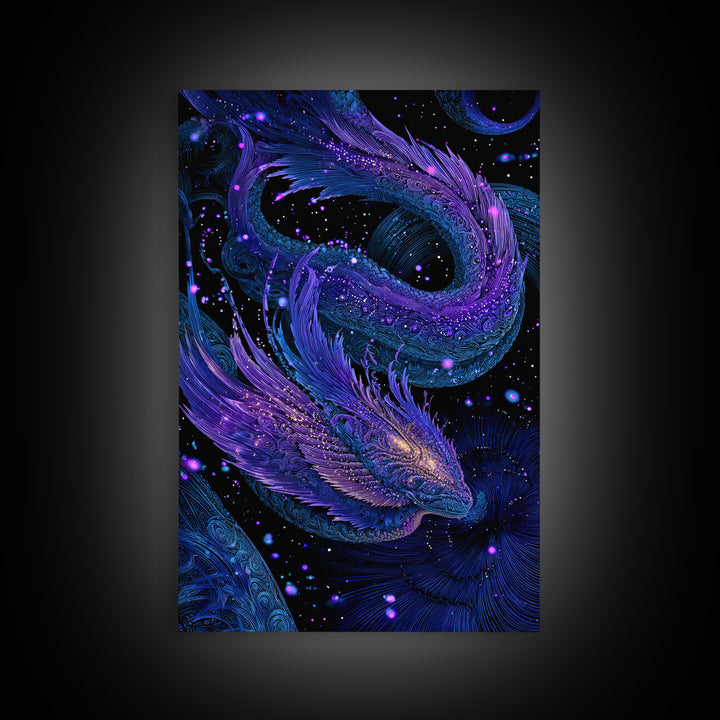 Celestial Twin Dragon Canvas Print, Purple Blue Fantasy Art, Mythical Space Wall Decor For Gamer Room And Unique Gift Idea