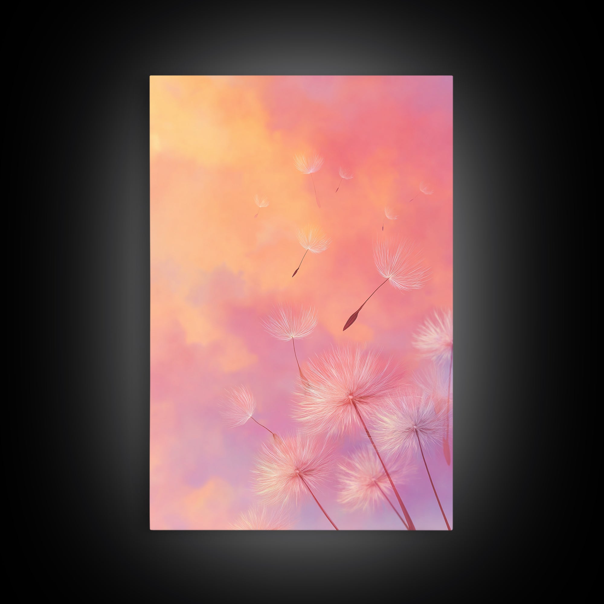 Floating Dandelion Seeds At Sunset Canvas Print, Pink Orange Wall Art For Bedroom Decor, Dreamy Feminine Nursery Art Gift