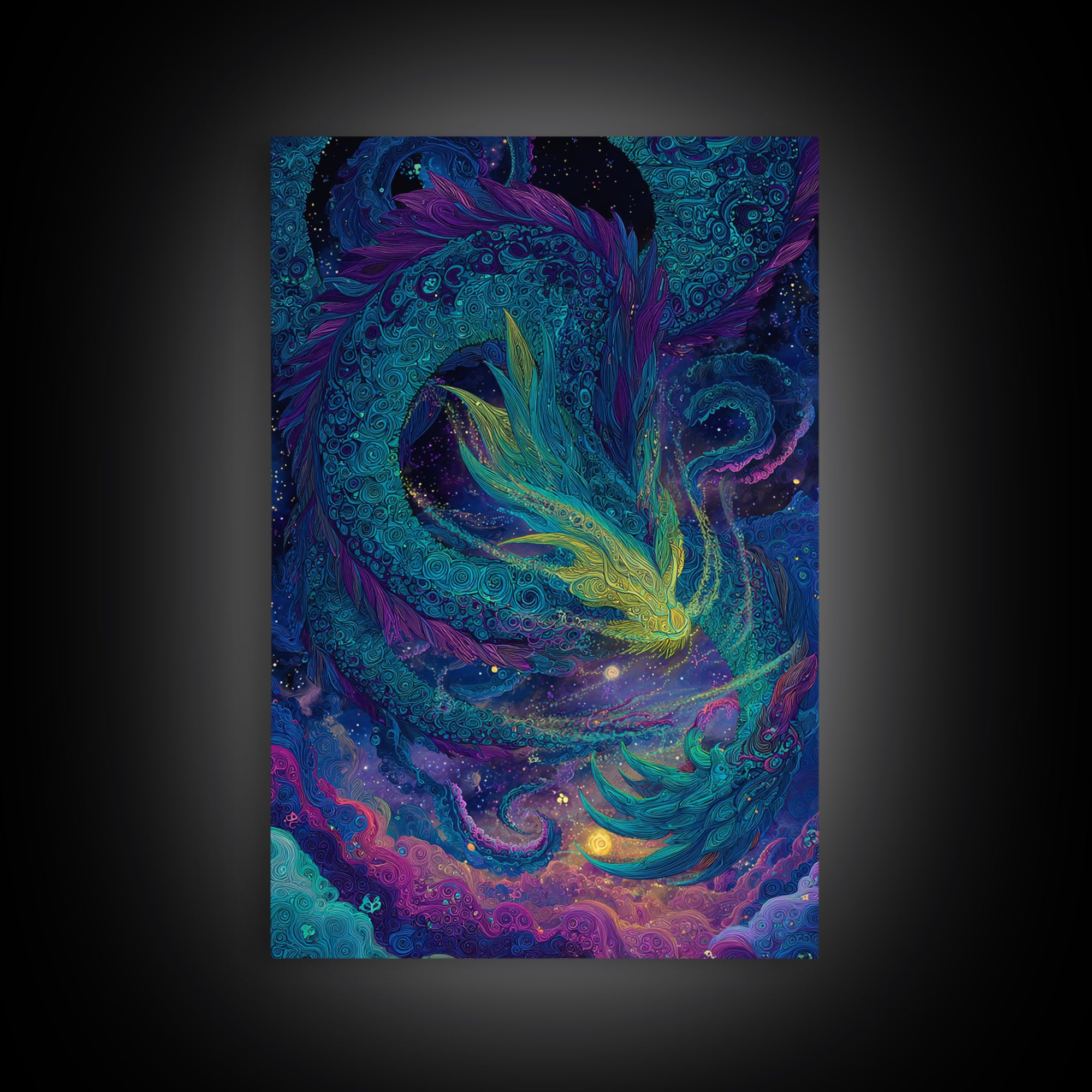 Cosmic Teal Dragon Wall Art, Fantasy Serpent Painting, Celestial Decor, Mystical Canvas, Unique Gift For Fantasy Lovers Decor