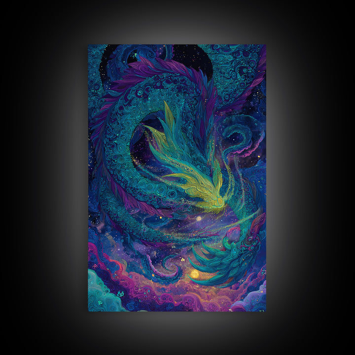 Cosmic Teal Dragon Wall Art, Fantasy Serpent Painting, Celestial Decor, Mystical Canvas, Unique Gift For Fantasy Lovers Decor