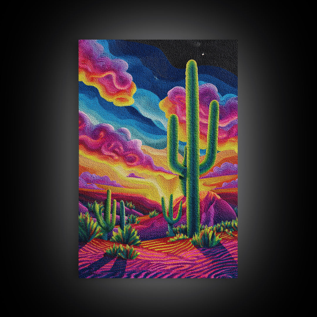 Vibrant Desert Landscape Painting With Cactus And Colorful Sunset Sky Wall Art Modern Home Decor Canvas Print