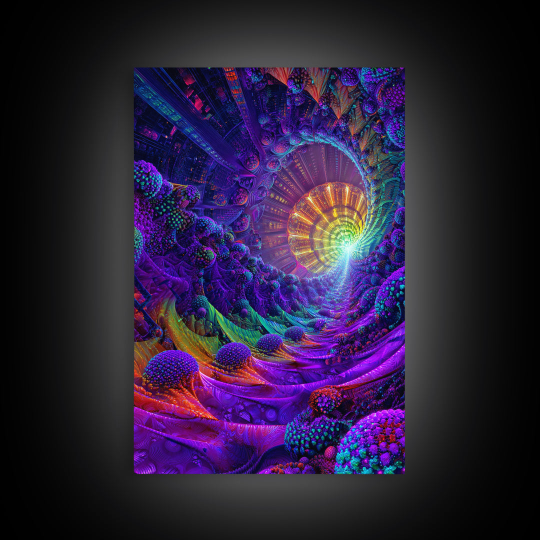 Neon Fractal Spiral Tunnel Canvas Print, Psychedelic Abstract Wall Art, Vibrant Futuristic Decor, Statement Artwork Gift