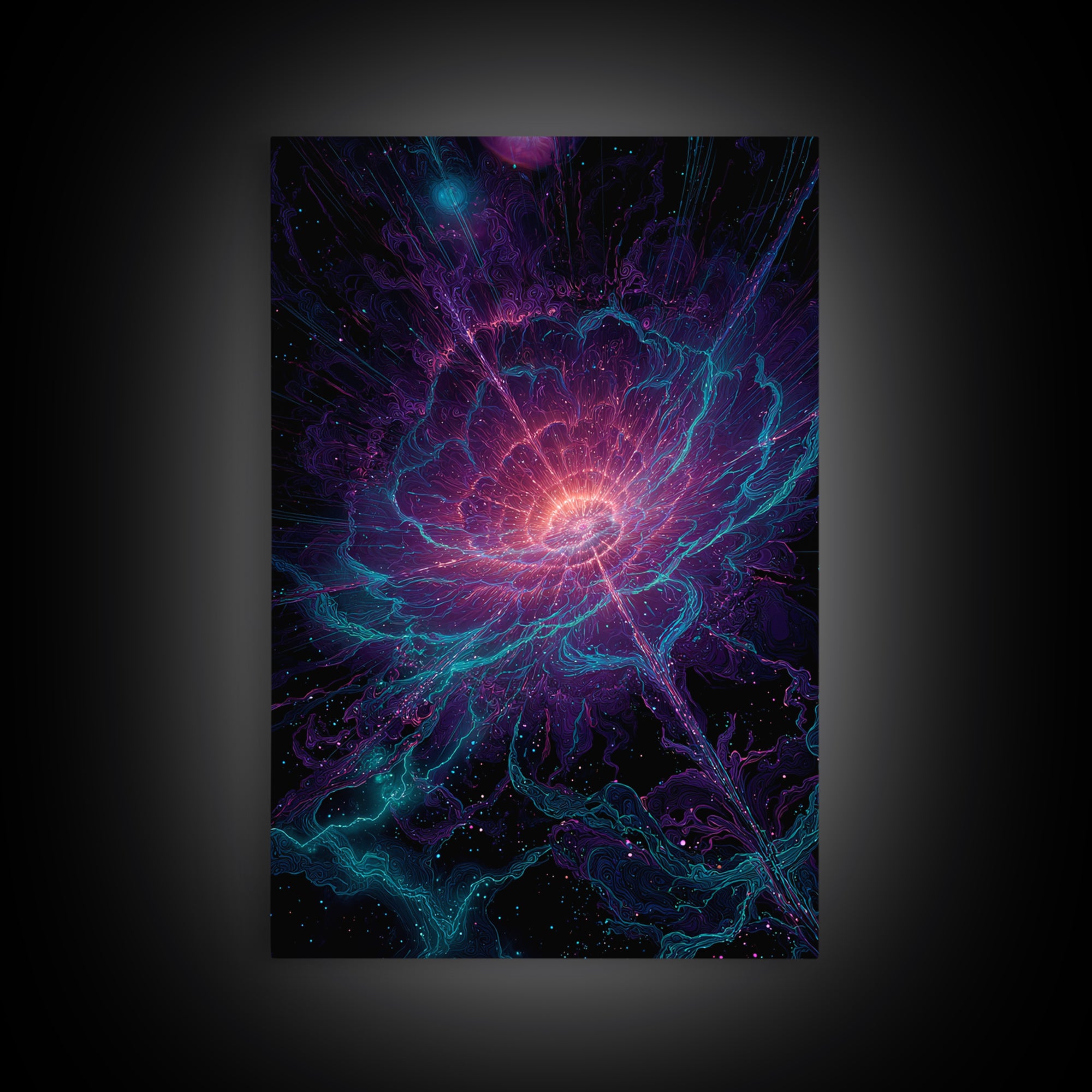 Cosmic Neon Flower Wall Art, Psychedelic Floral Canvas Print, Celestial Botanical Decor, Mystical Boho Bedroom Gift For Her