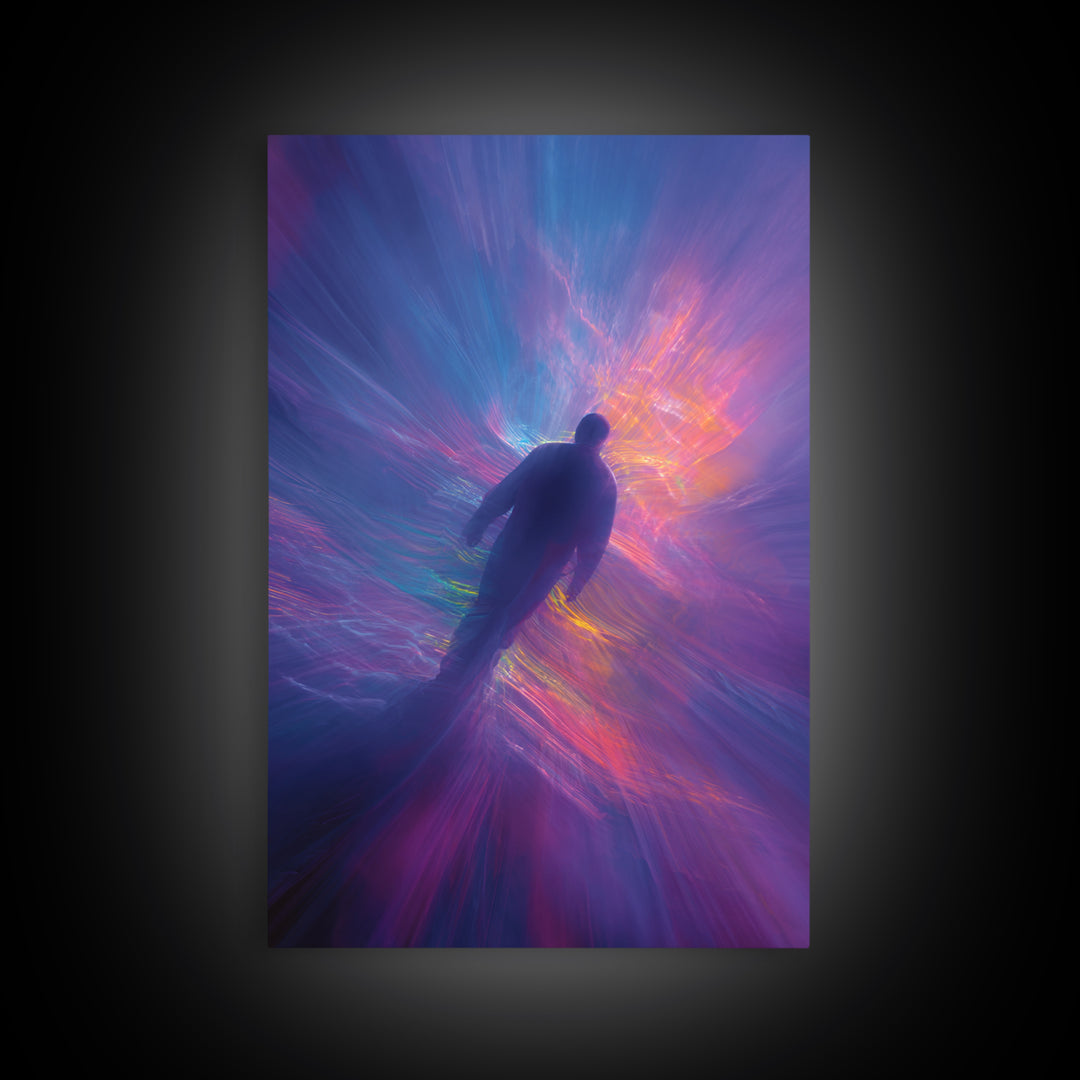 Neon Astral Figure In Purple Light Vortex Wall Art, Psychedelic Abstract Art Print, Celestial Space Decor, Modern Wall Decor