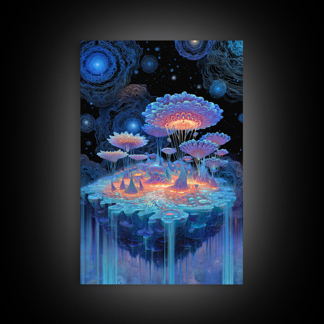 Bioluminescent Mushroom Island Framed Canvas Print, Fantasy Landscape Wall Art, Psychedelic Decor, Whimsical Nature Art