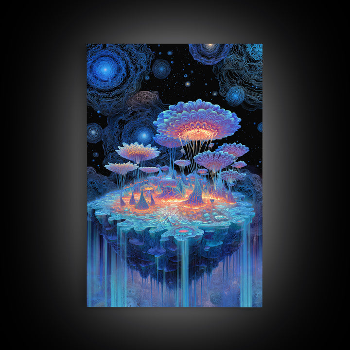 Bioluminescent Mushroom Island Framed Canvas Print, Fantasy Landscape Wall Art, Psychedelic Decor, Whimsical Nature Art