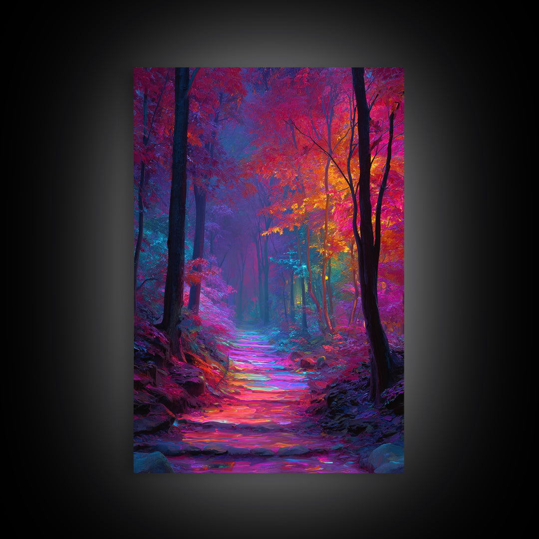 Vibrant Colorful Autumn Forest Path Wall Art With Bright Pink Yellow Foliage And Mystical Light Framed Canvas Print