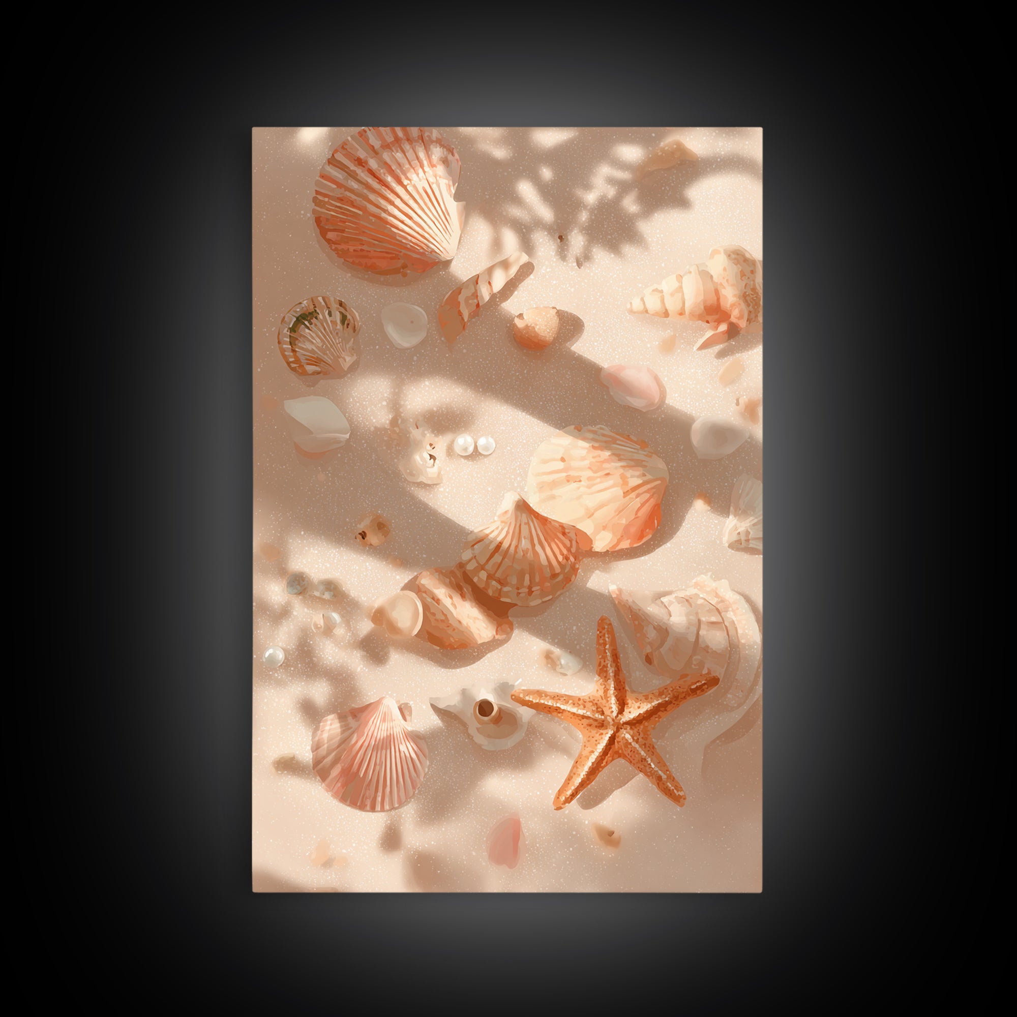 Sunlit Seashells And Starfish Framed Canvas Print, Coastal Wall Art For Beach House Decor, Nautical Bathroom Wall Decor Gift