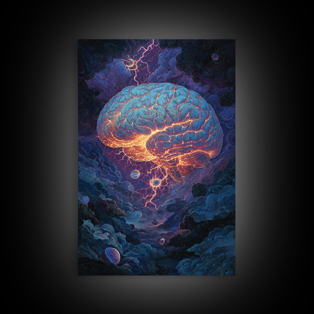 Glowing Storm Brain Wall Art, Neuroscience Anatomy Canvas Print, Dark Academia Medical Office Decor, Psychology Gift For Doctor