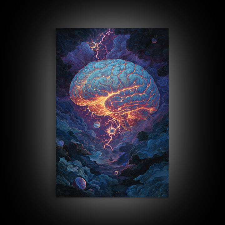 Glowing Storm Brain Wall Art, Neuroscience Anatomy Canvas Print, Dark Academia Medical Office Decor, Psychology Gift For Doctor