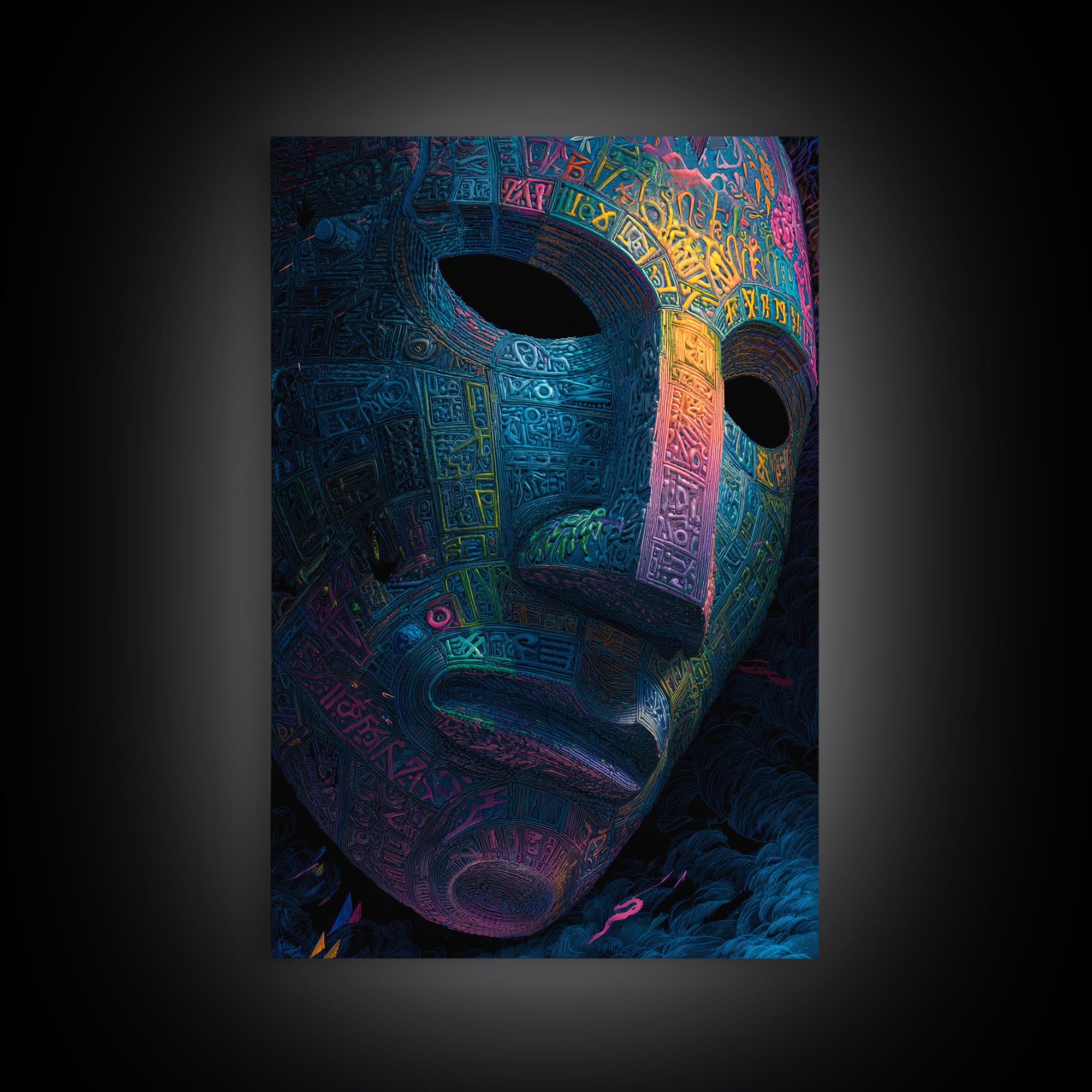 Neon Ancient Mask Portrait Wall Art, Dark Surreal Art Print, Psychedelic Gothic Decor, Futuristic Statement Artwork Gift
