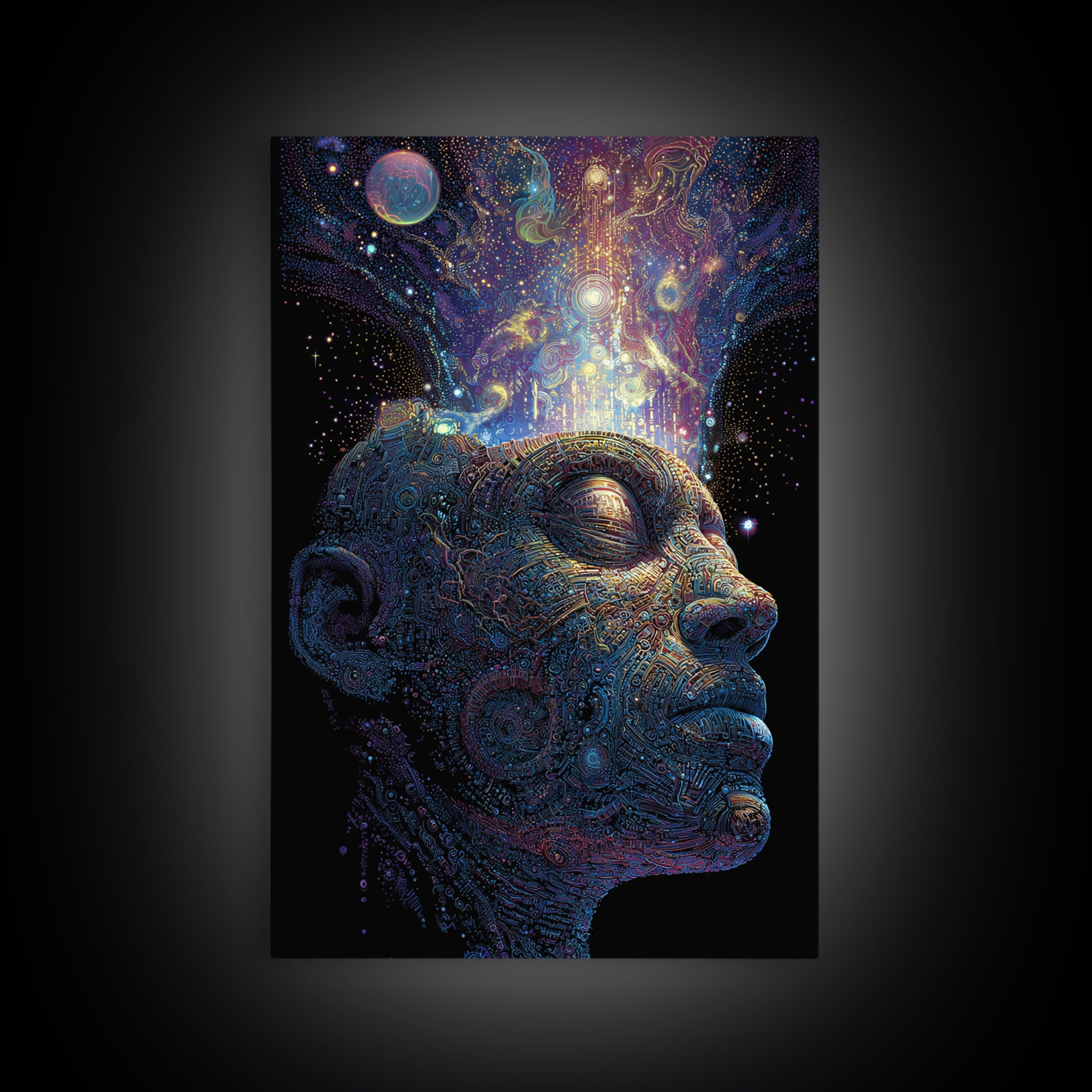 Cosmic Mind Portrait Framed Canvas Print, Psychedelic Space Wall Art, Visionary Consciousness Decor, Spiritual Gift For Him