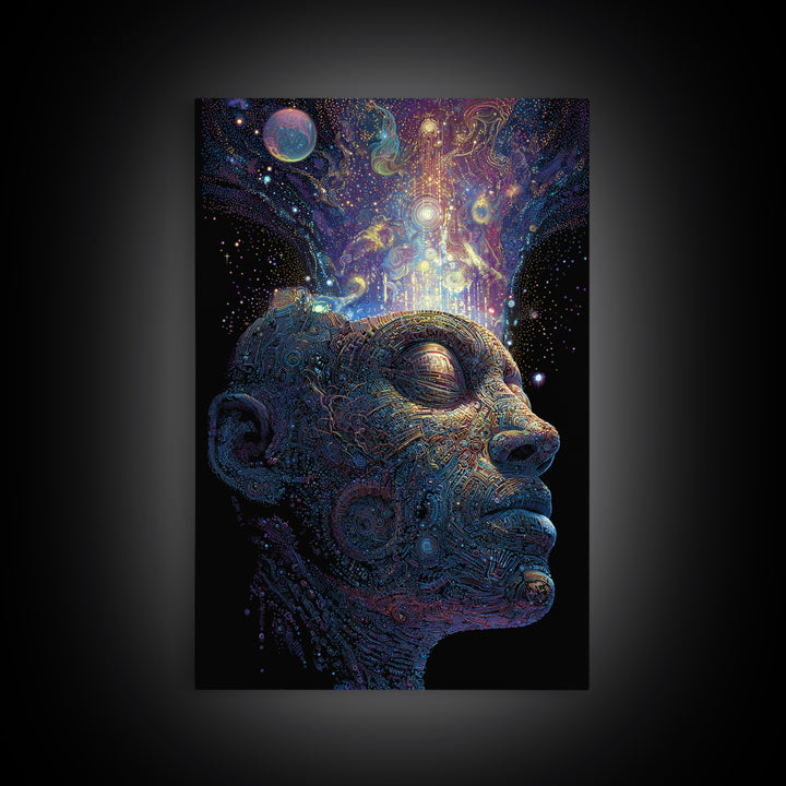 Cosmic Mind Portrait Framed Canvas Print, Psychedelic Space Wall Art, Visionary Consciousness Decor, Spiritual Gift For Him