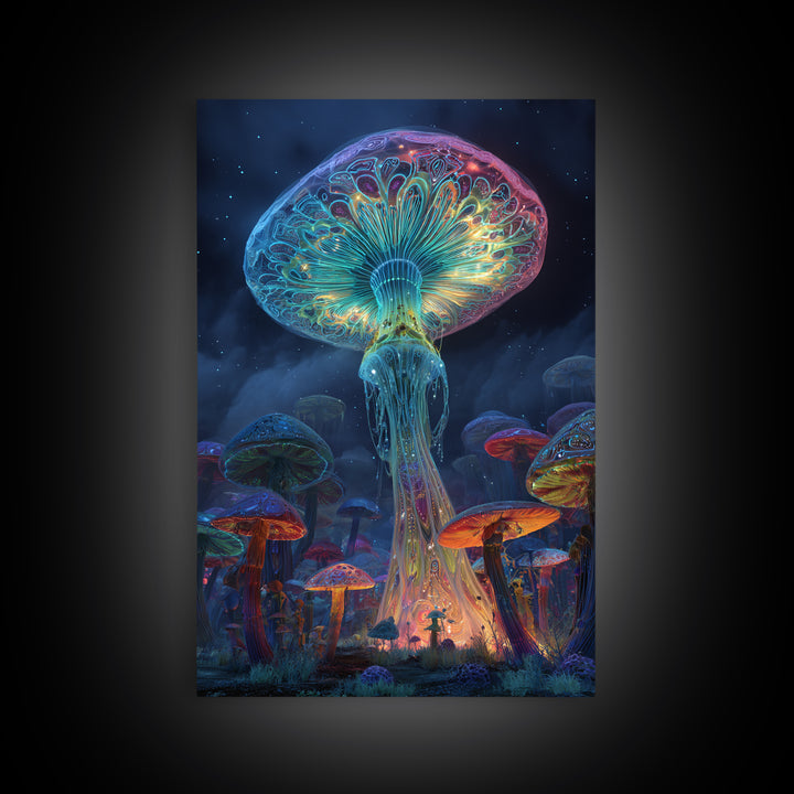 Vibrant Neon Mushroom Fantasy Landscape Canvas Print With Glowing Magical Fungi In A Mystical Night Forest Wall Art