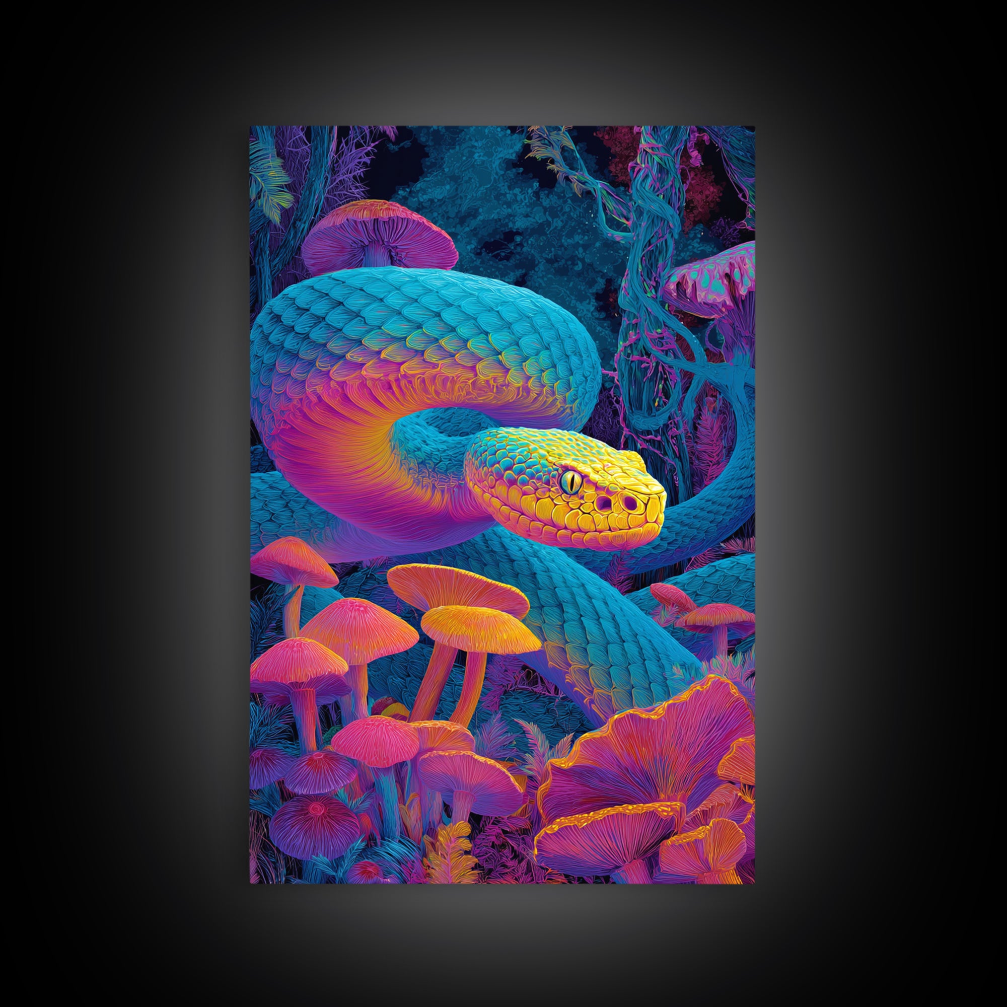 Vibrant Psychedelic Snake and Mushroom Art Wall Art Canvas Print Colorful Modern Wall Decor