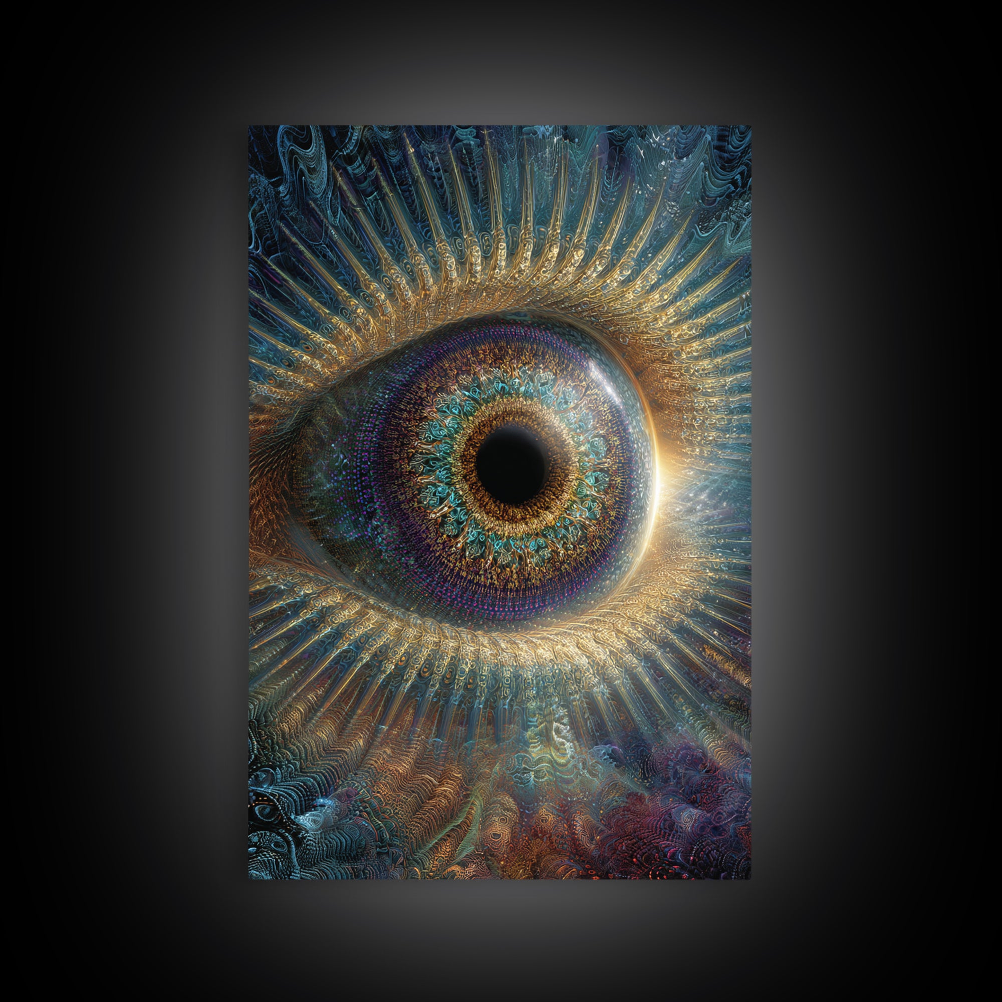 Surreal Cosmic Eye Wall Art, Mystical Iris Framed Canvas Print, Spiritual Vision Office Decor, Statement Artwork Gift For Him