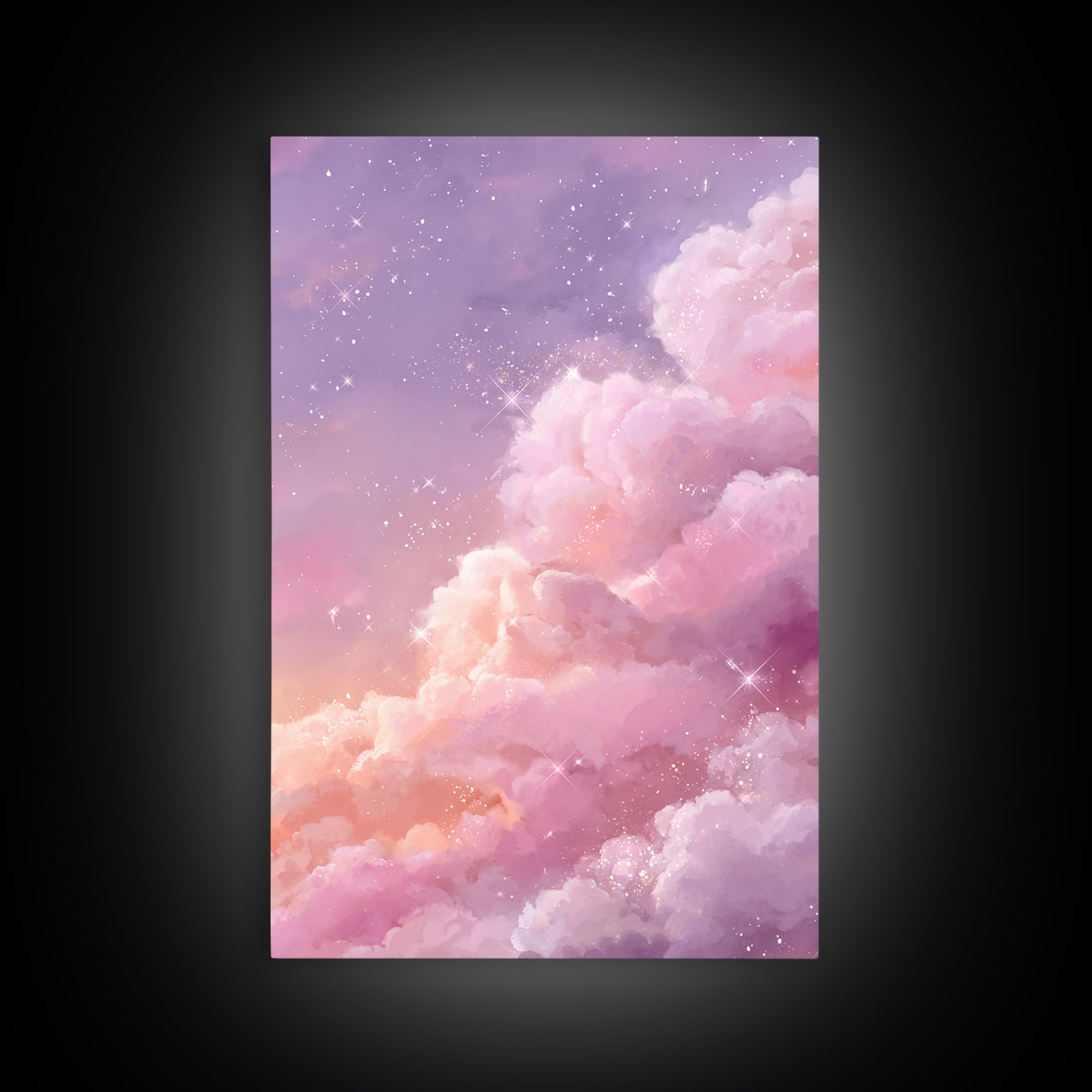 Sparkling Pink Clouds Under Starry Sky Canvas Print, Celestial Wall Art For Dreamy Bedroom Decor And Whimsical Nursery Decor