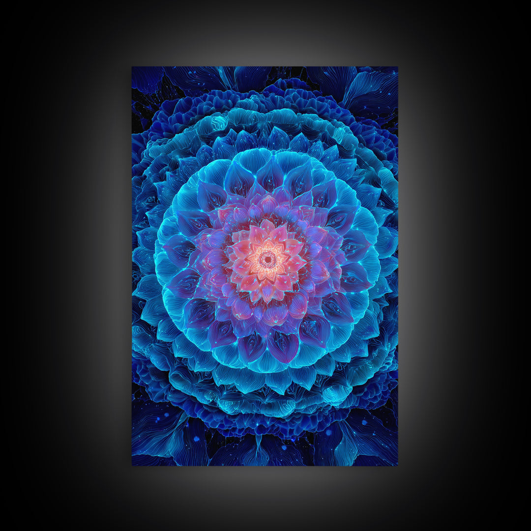 Glowing Blue Lotus Mandala Framed Canvas Print, Spiritual Wall Art, Meditation Decor, Celestial Abstract Art For Yoga Room