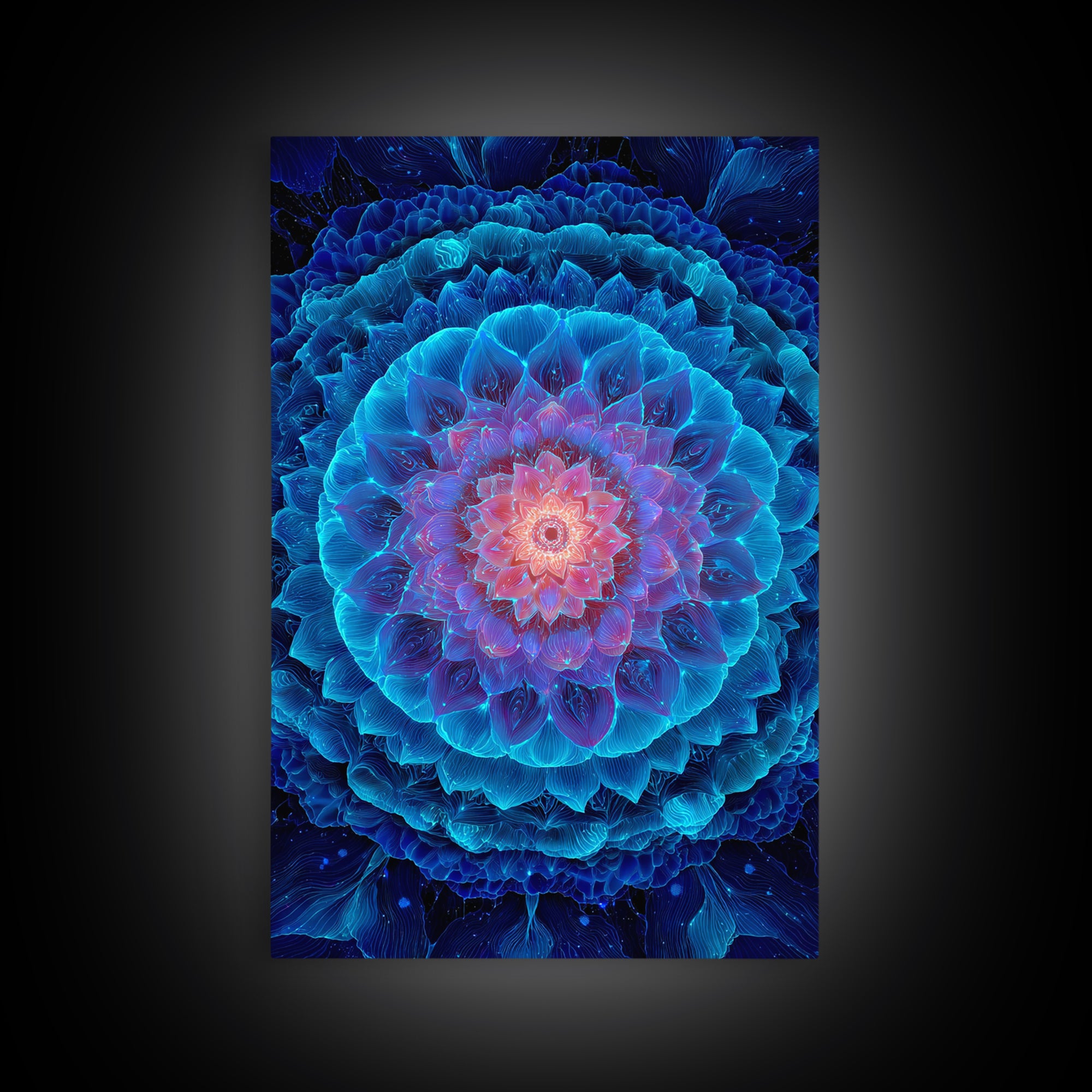 Glowing Blue Lotus Mandala Framed Canvas Print, Spiritual Wall Art, Meditation Decor, Celestial Abstract Art For Yoga Room