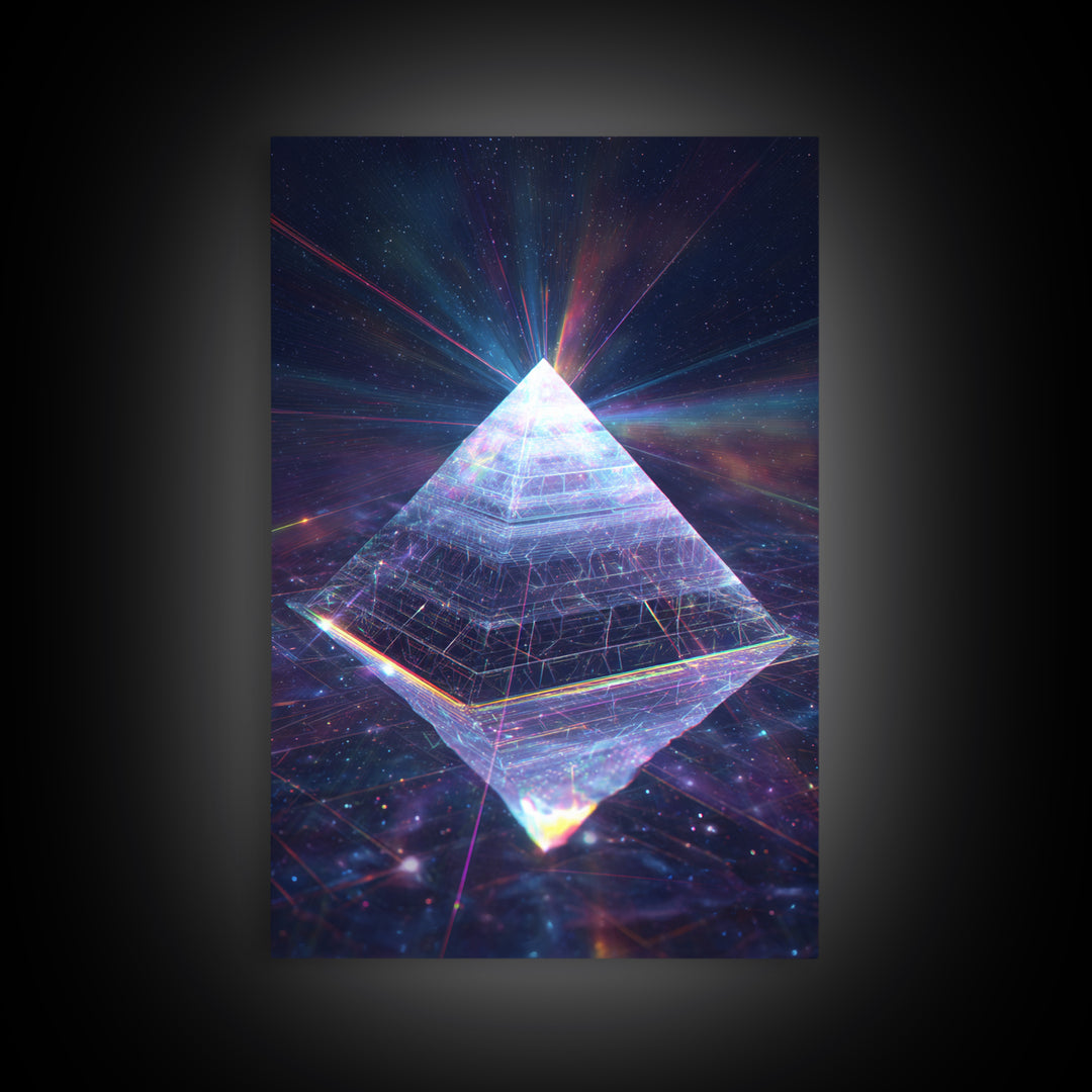 Glowing Crystal Pyramid Framed Canvas Print, Celestial Space Wall Art, Sacred Geometry Decor For Modern Home And Office Decor