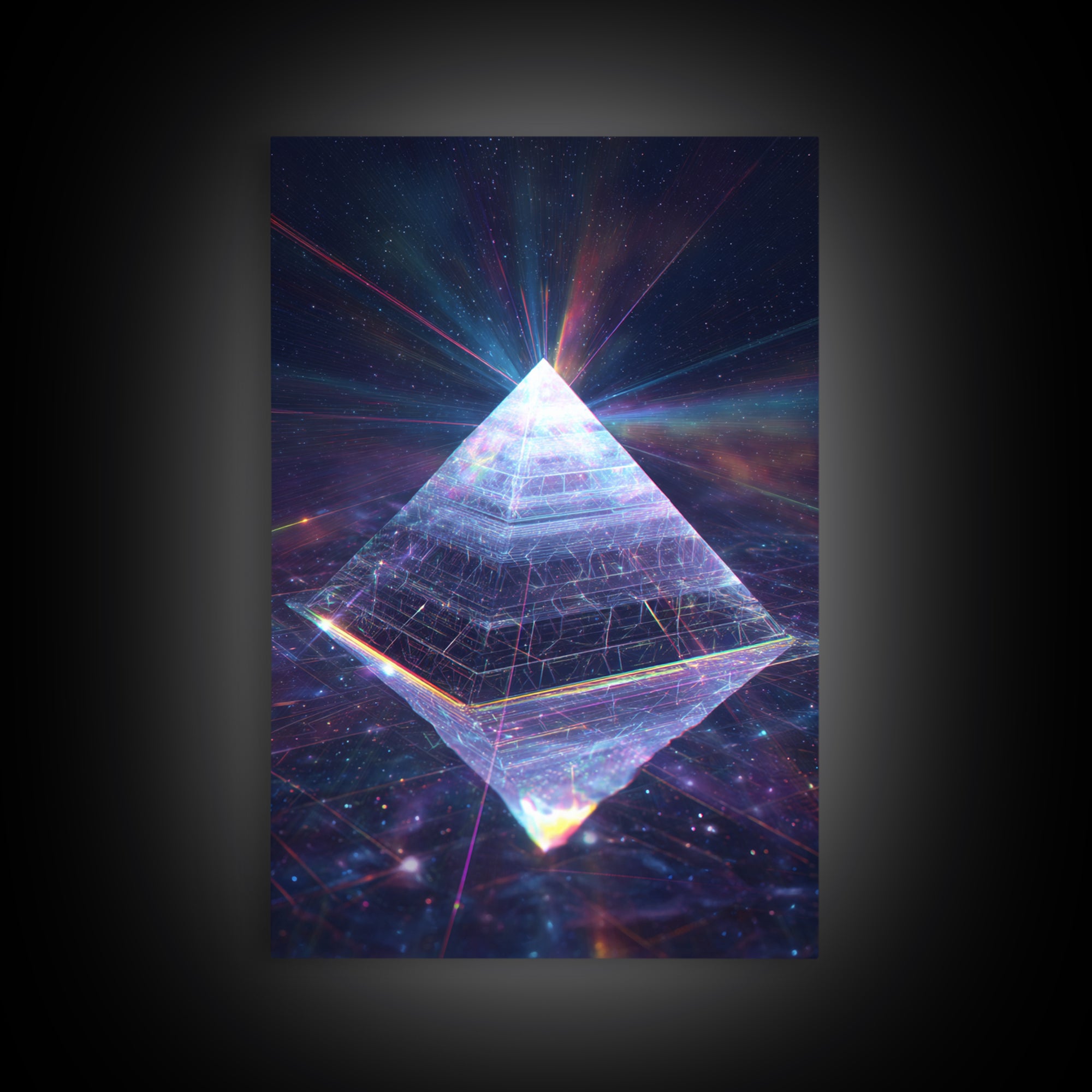 Glowing Crystal Pyramid Framed Canvas Print, Celestial Space Wall Art, Sacred Geometry Decor For Modern Home And Office Decor