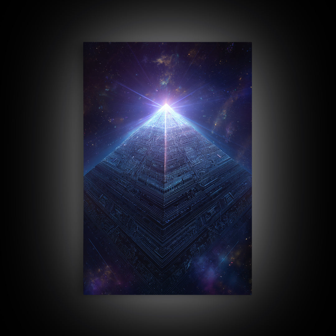 Luminous Cosmic Pyramid In Starry Space Wall Art, Geometric Sci Fi Art Print, Futuristic Decor, Mystical Statement Wall Art