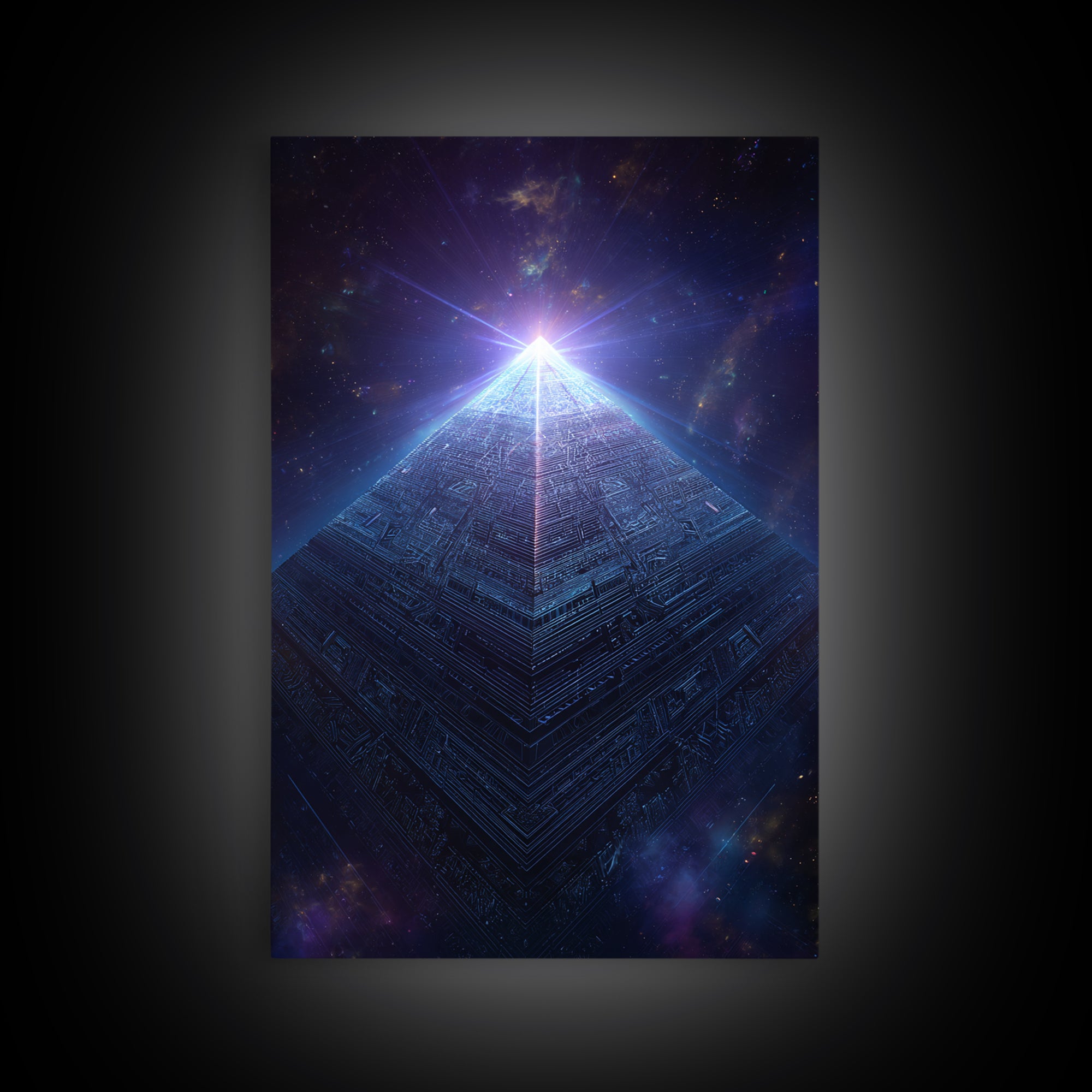 Luminous Cosmic Pyramid In Starry Space Wall Art, Geometric Sci Fi Art Print, Futuristic Decor, Mystical Statement Wall Art