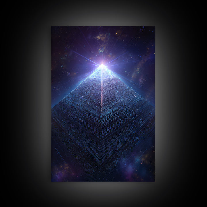 Luminous Cosmic Pyramid In Starry Space Wall Art, Geometric Sci Fi Art Print, Futuristic Decor, Mystical Statement Wall Art