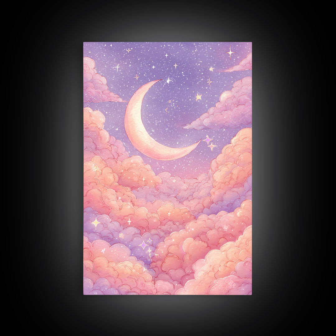 Pastel Crescent Moon In Pink Clouds Wall Art, Celestial Nursery Art, Dreamy Moon And Stars Decor For Bedroom Wall Decor Gift