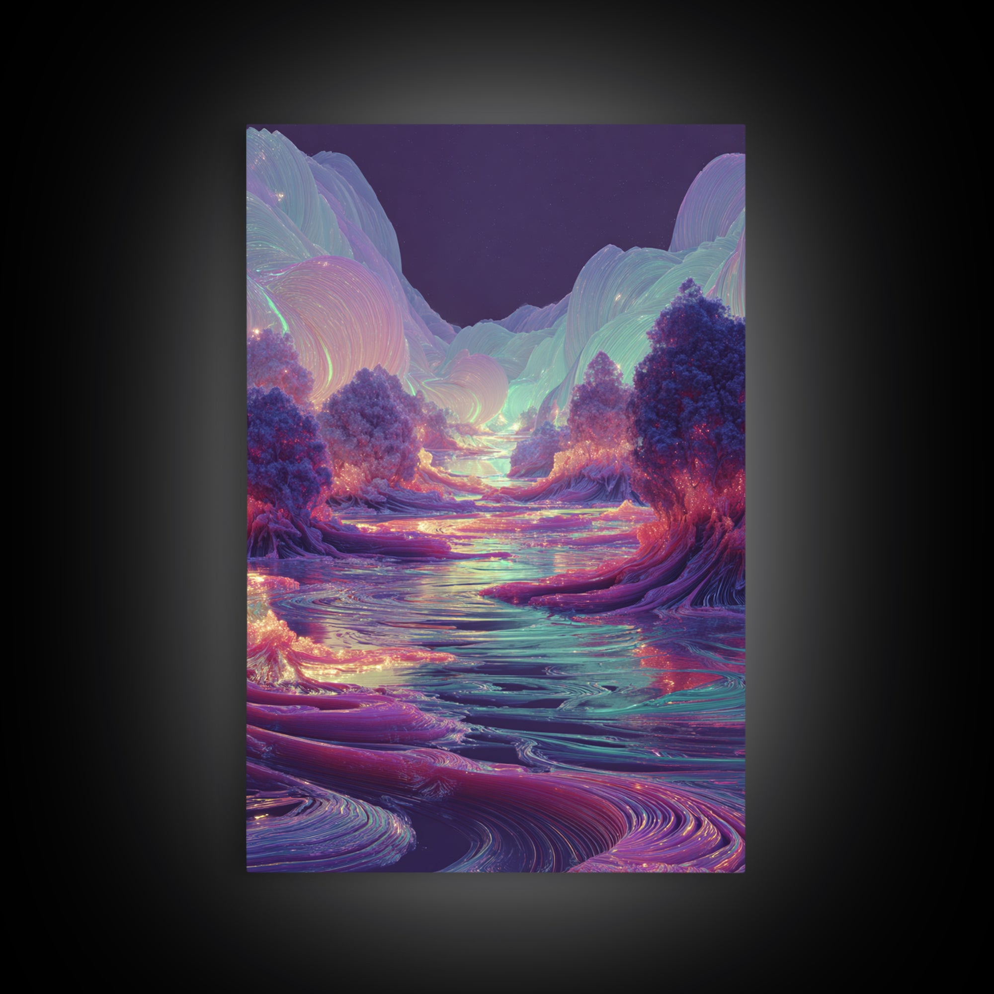 Iridescent Fantasy River Wall Art, Dreamy Alien Landscape Canvas, Colorful Nature Decor, Surreal Bedroom Art Print Gift Idea