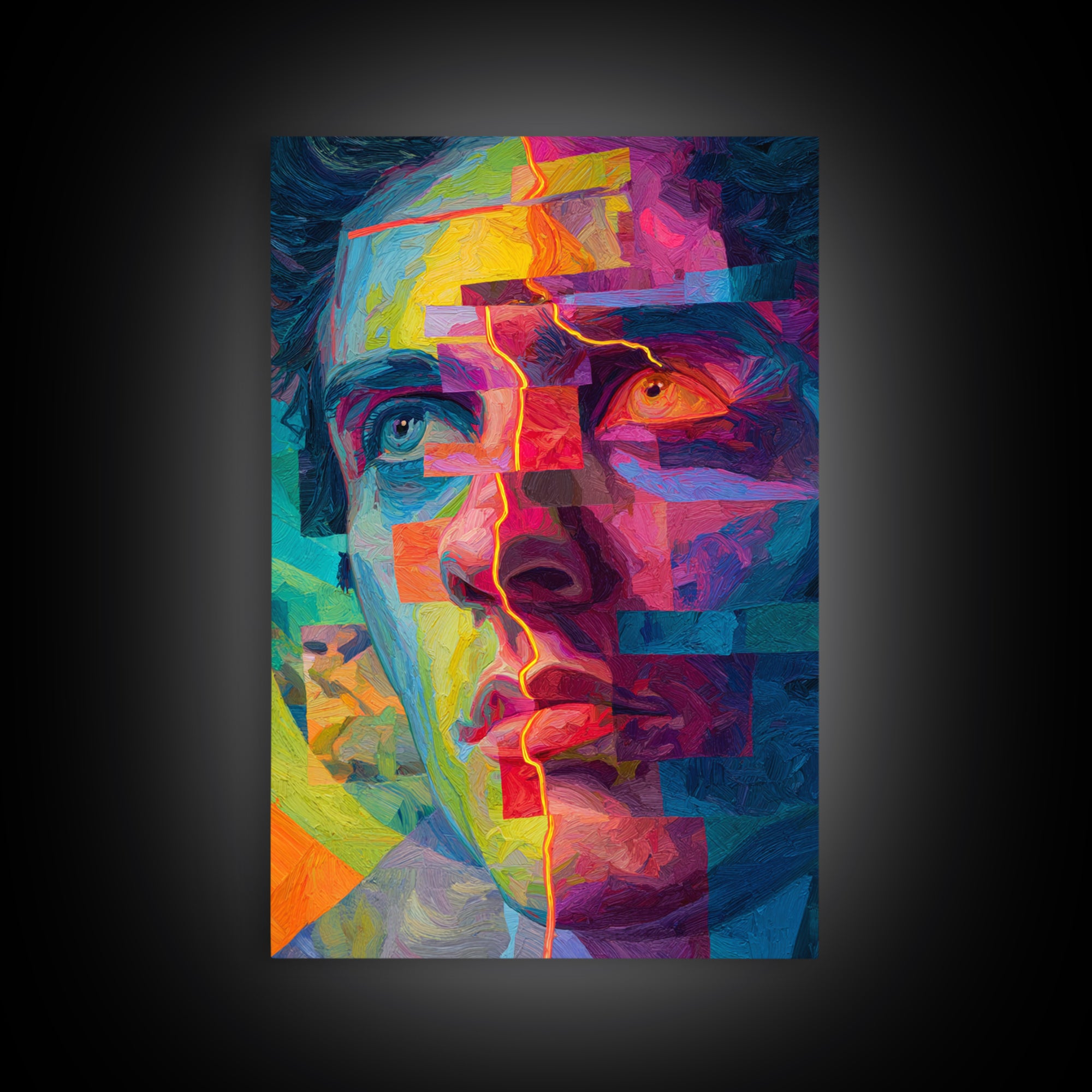 Colorful Abstract Portrait With Bold Brushstrokes And Geometric Lines Wall Art Framed Canvas Print For Modern Art Lovers