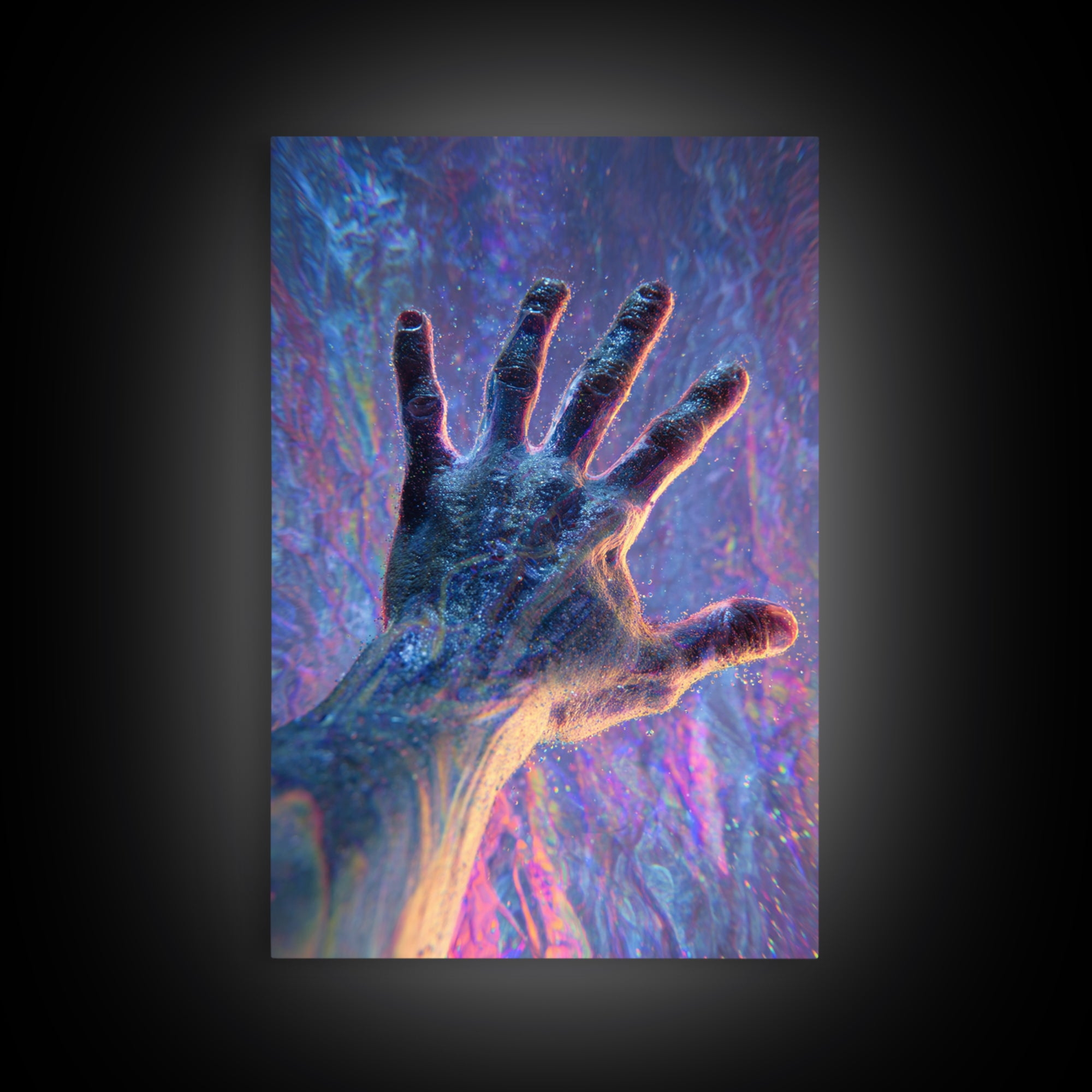 Glowing Reaching Hand Canvas Print, Surreal Human Figure Wall Art, Spiritual Energy Decor, Abstract Psychedelic Gift Idea