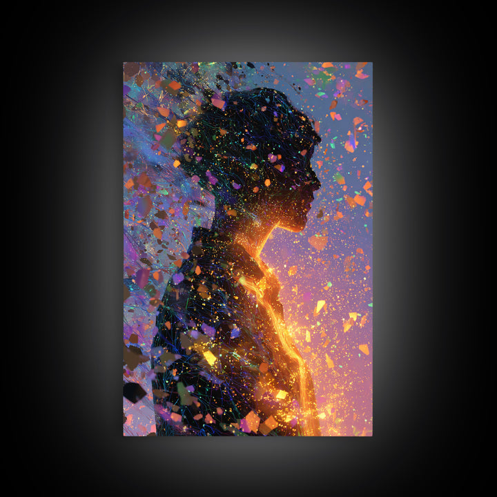Glowing Woman Silhouette With Confetti Wall Art, Abstract Figurative Art Print, Feminine Wall Art, Colorful Modern Decor