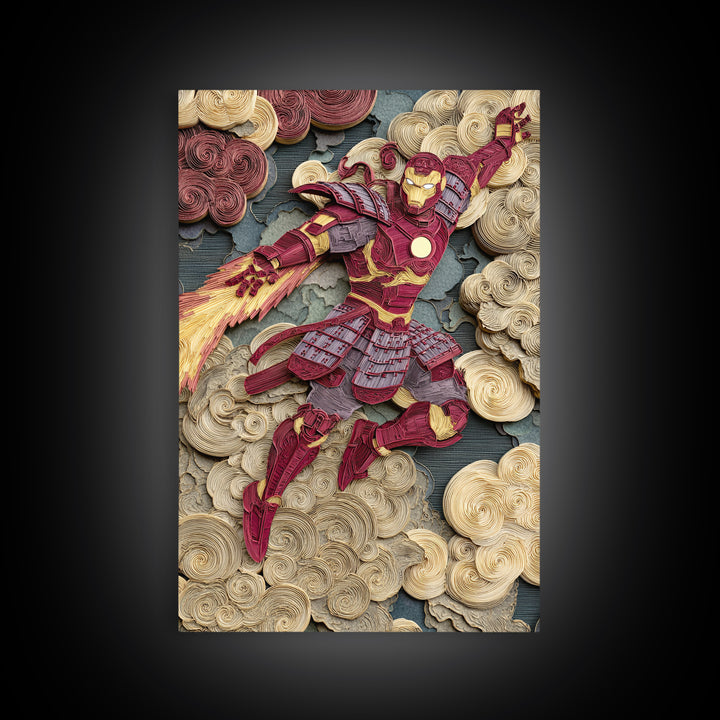 Red Gold Armored Samurai Hero Canvas Print, Futuristic Sci Fi Wall Art For Gaming Room Decor And Bold Geek Home Decor Gift