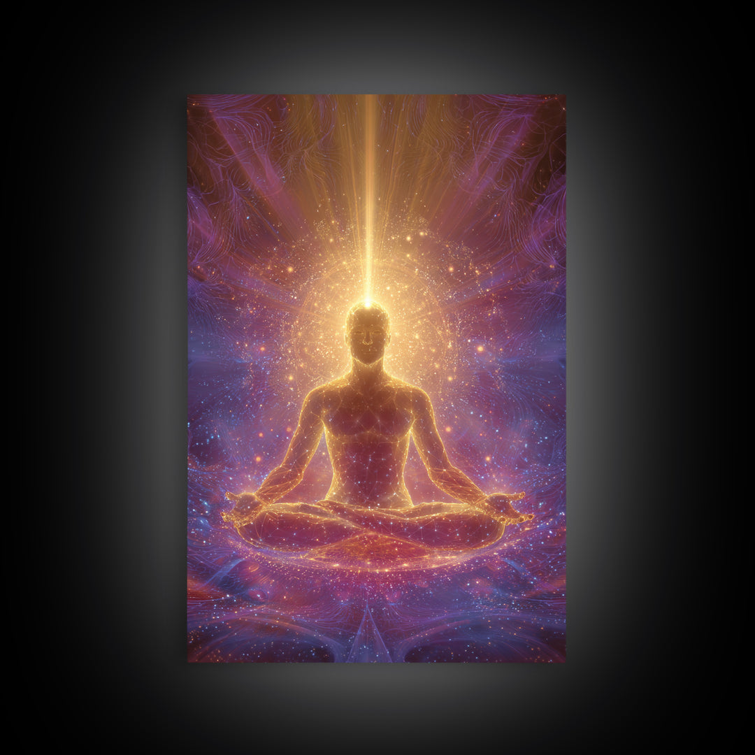 Spiritual Meditation Man Illuminated In Cosmic Energy Glow Wall Art Canvas Print For Mindfulness Home And Yoga
