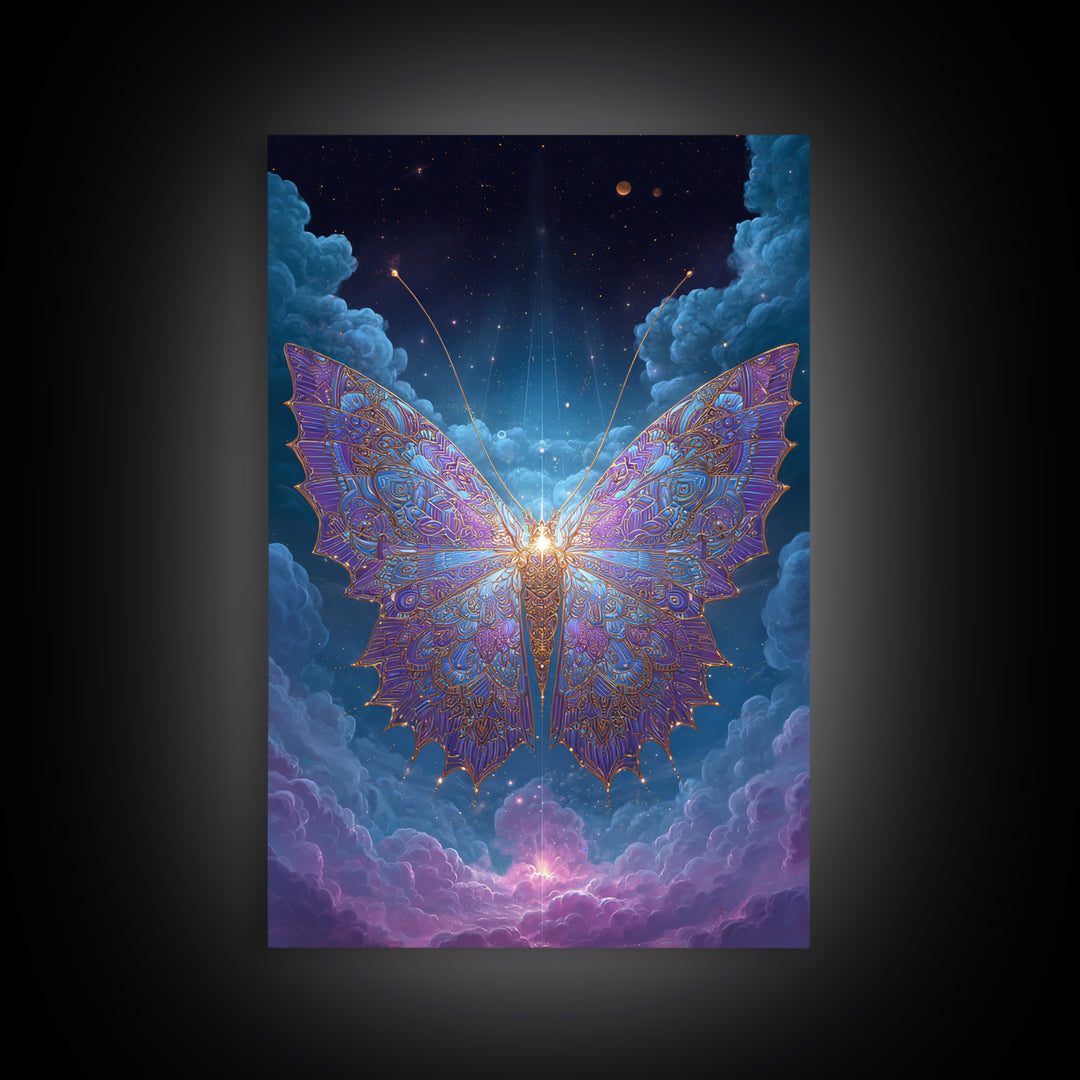Radiant Celestial Butterfly Framed Canvas Print, Fantasy Insect Wall Art, Mystical Cloud Decor, Ethereal Nursery Gift Idea