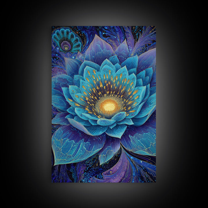 Radiant Blue Lotus Flower Wall Art, Spiritual Botanical Print, Meditation Room Decor, Boho Yoga Studio Canvas Gift For Her