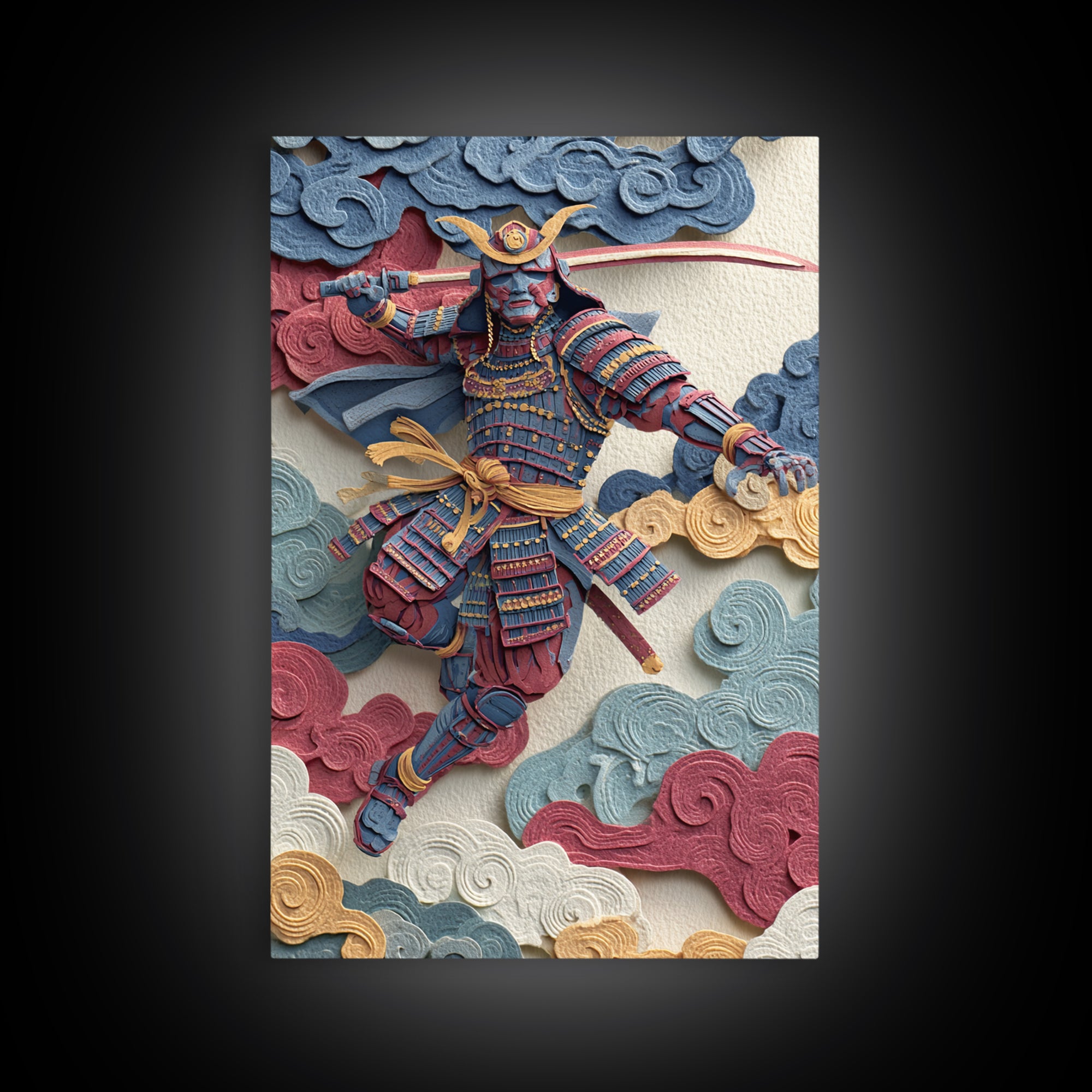Blue Red Samurai Warrior With Katana Framed Canvas Print, Japanese Wall Art For Martial Arts Decor And Masculine Office Decor
